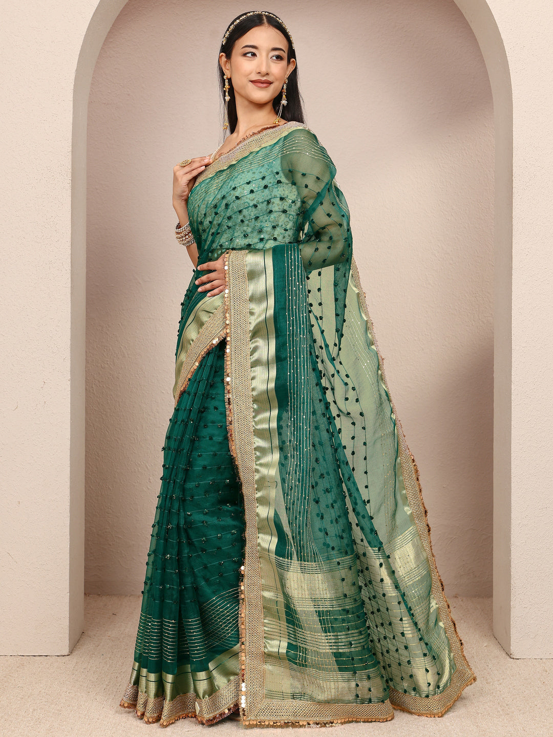  Green Woven Design Chanderi Silk Saree With Unstitched Blouse Piece 