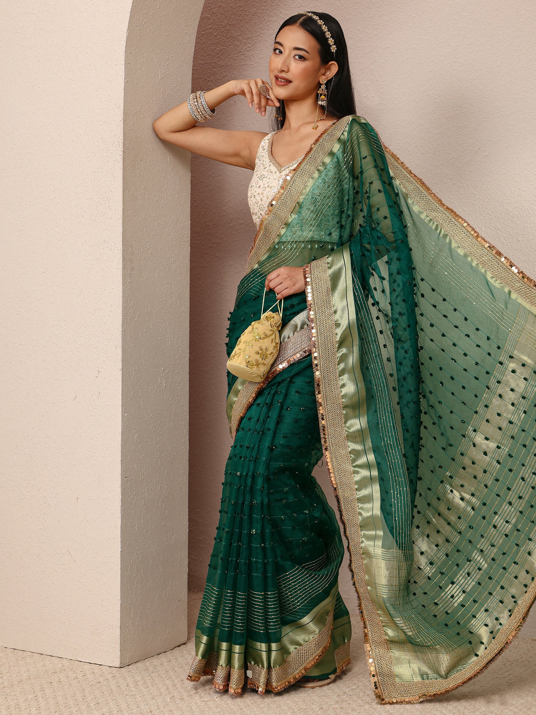  Green Woven Design Chanderi Silk Saree With Unstitched Blouse Piece 