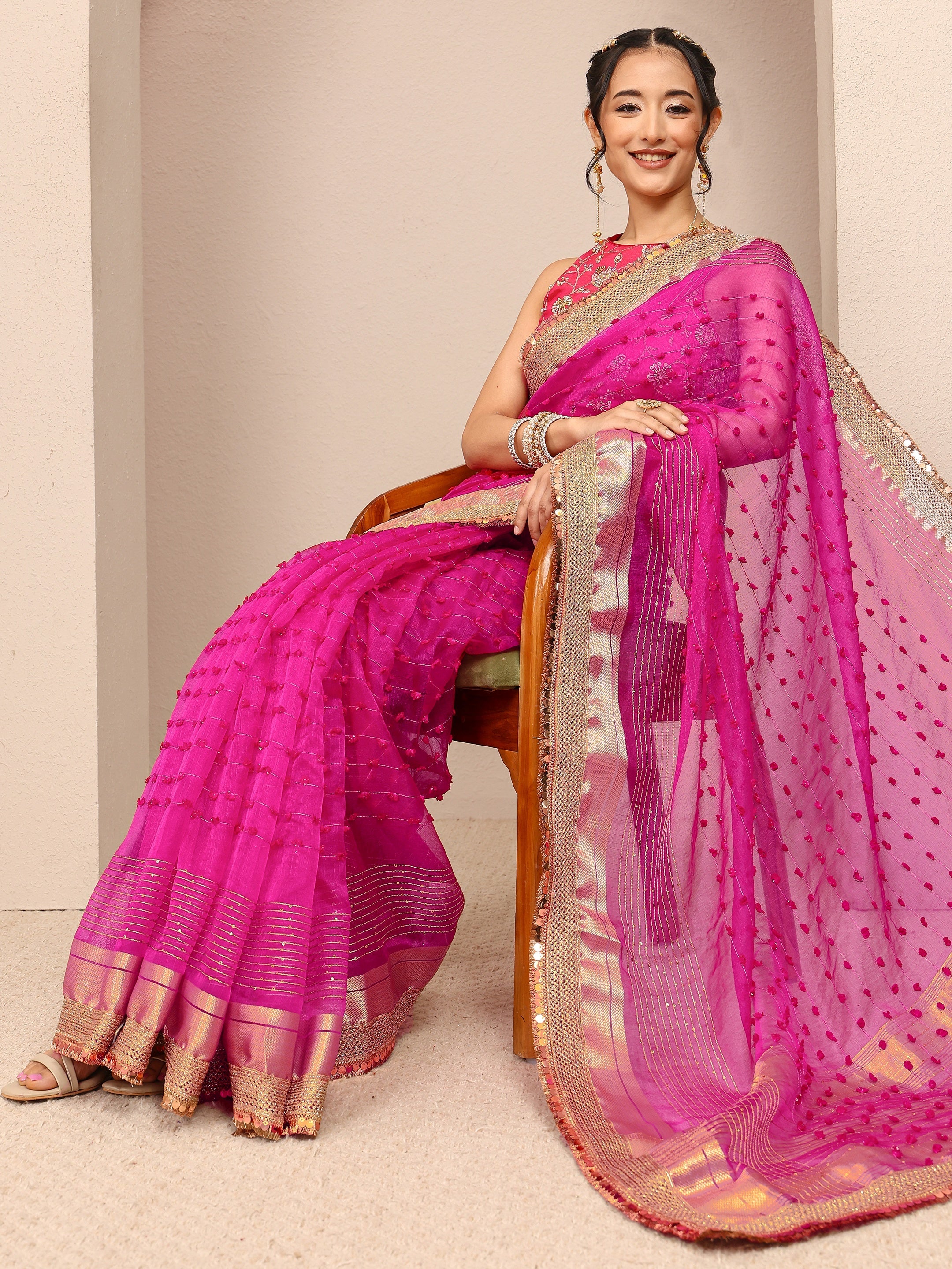libas Pink Woven Design Chanderi Silk Saree With Unstitched Blouse Piece-picture-51