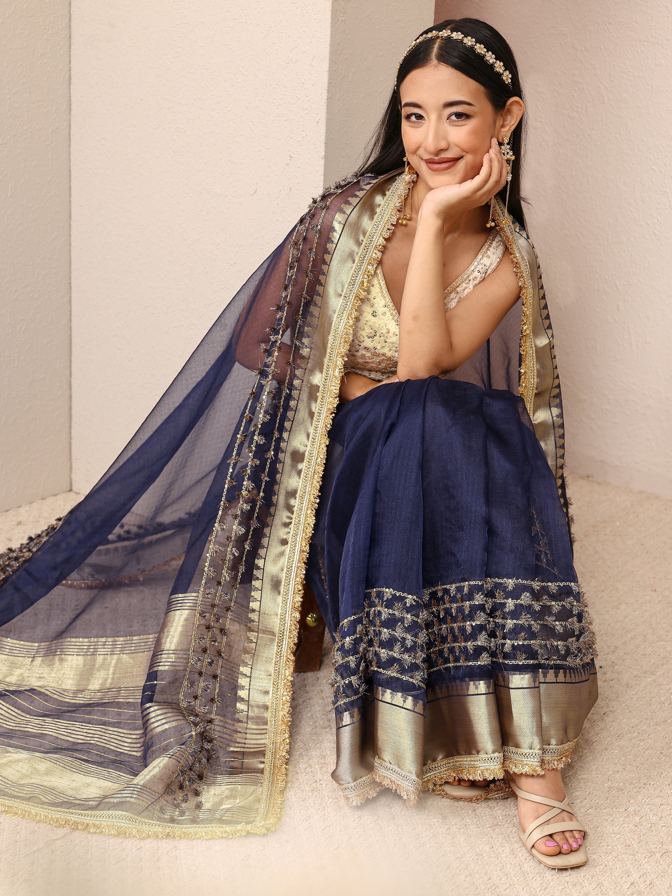 Navy Blue Woven Design Chanderi Silk Saree With Unstitched Blouse Piece-image-20