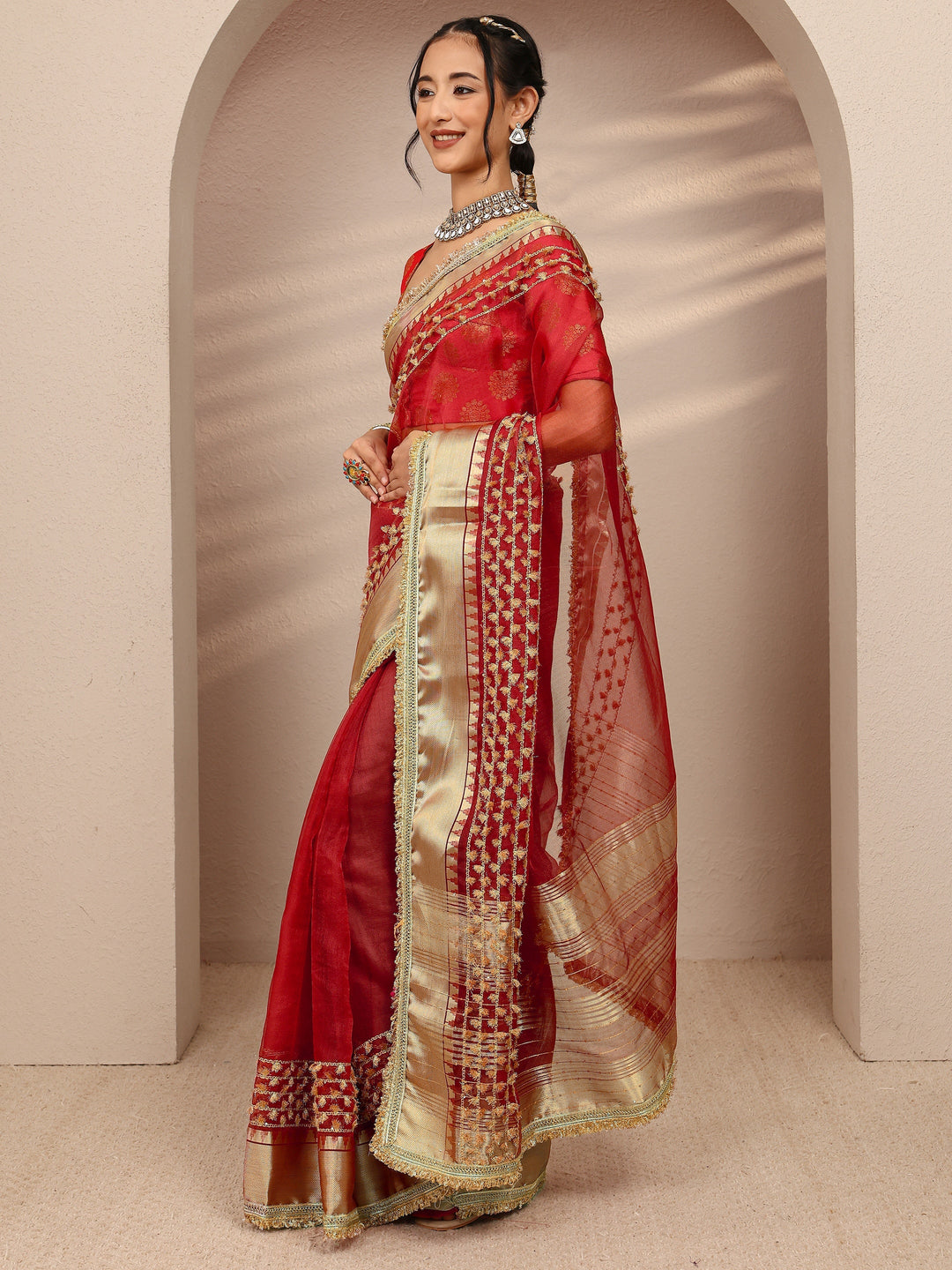  Red Woven Design Chanderi Silk Saree With Unstitched Blouse Piece 
