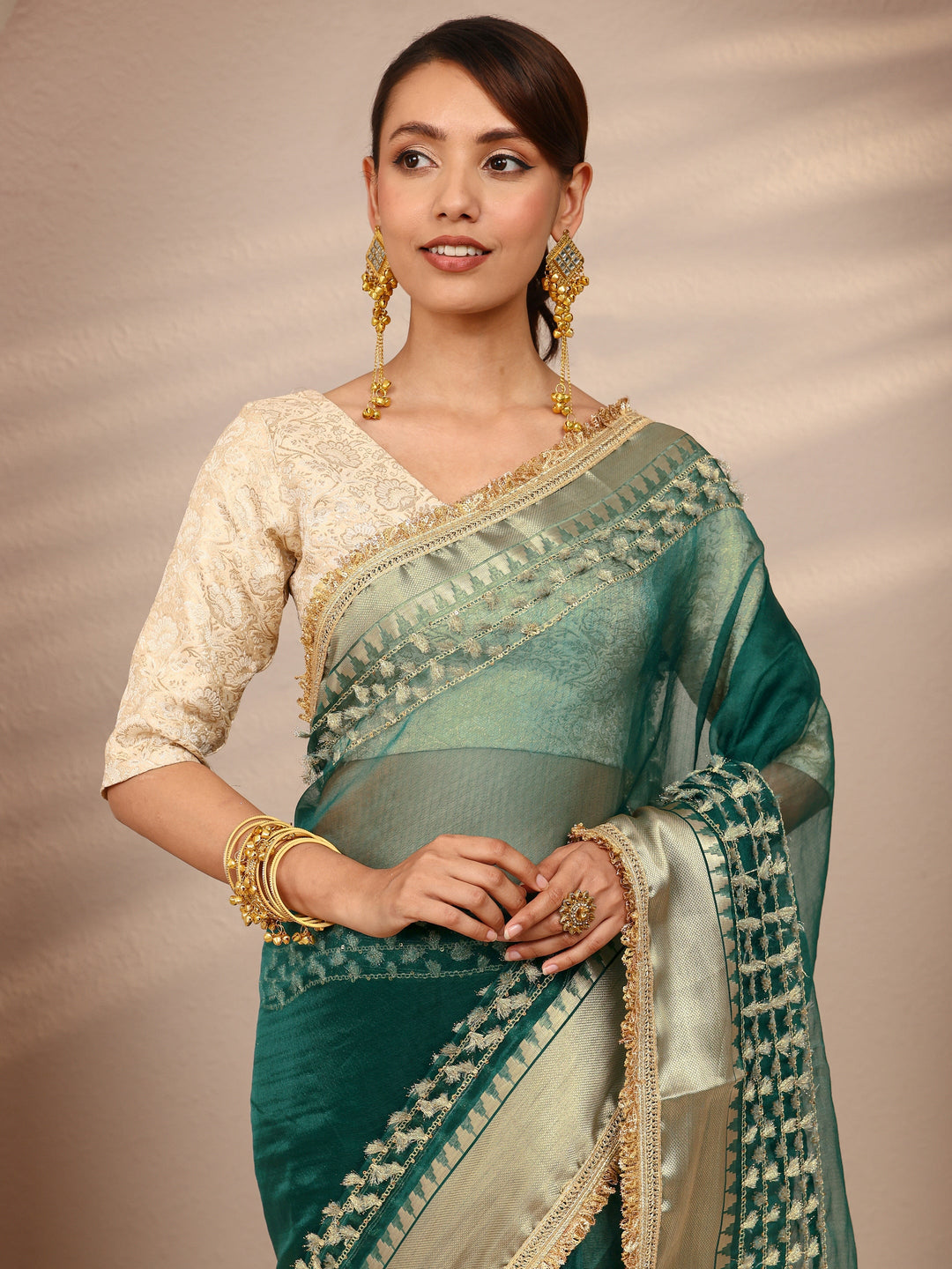  Green Woven Design Chanderi Silk Saree
With Unstitched Blouse Piece 