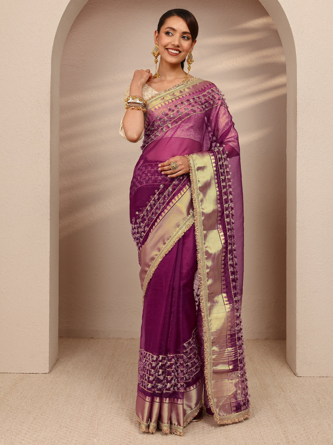  Burgundy Woven Design Chanderi Silk Saree
With Unstitched Blouse Piece 