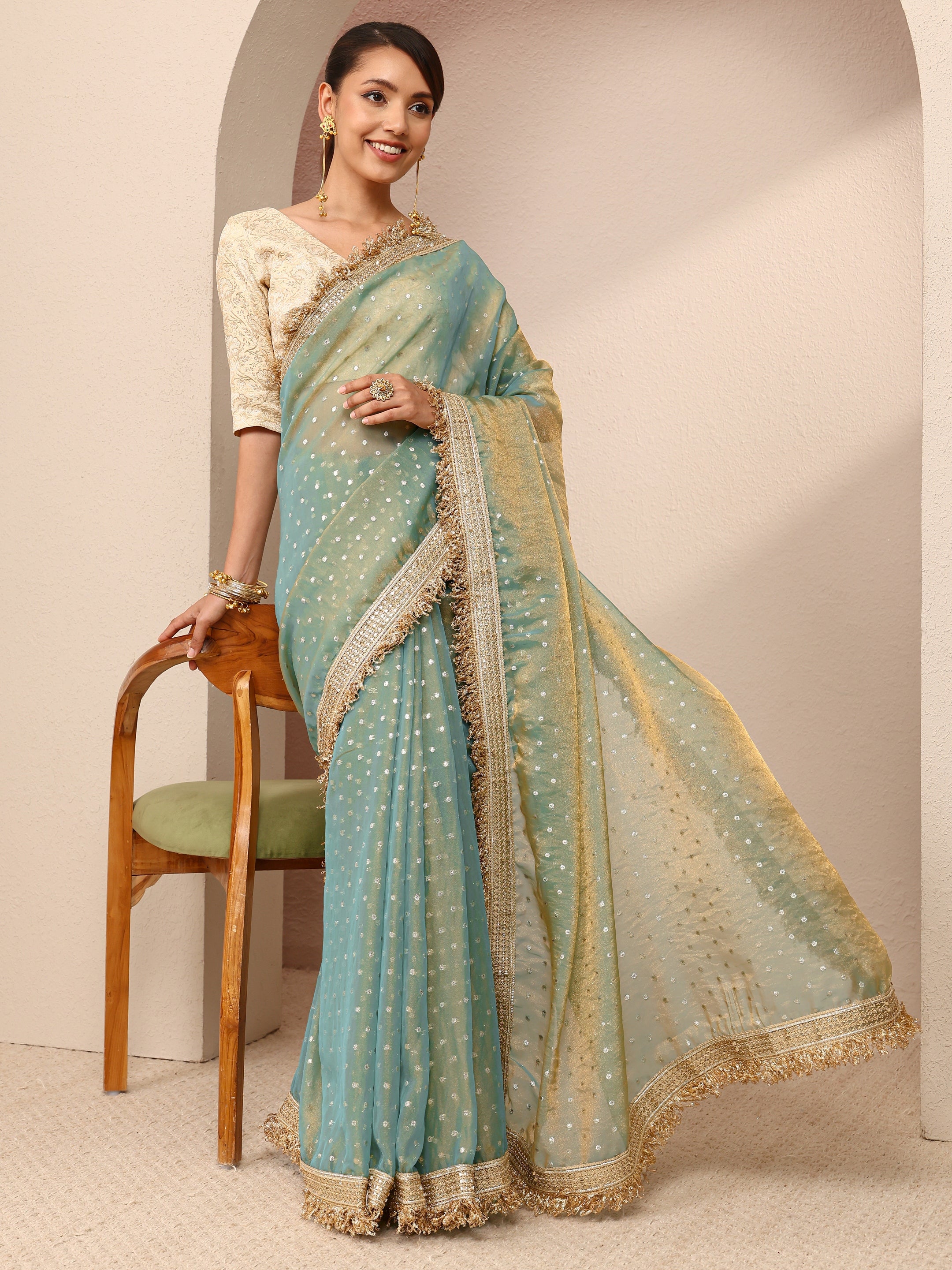 Green Woven Design Tissue SareeWith Unstitched Blouse Piece-image-3