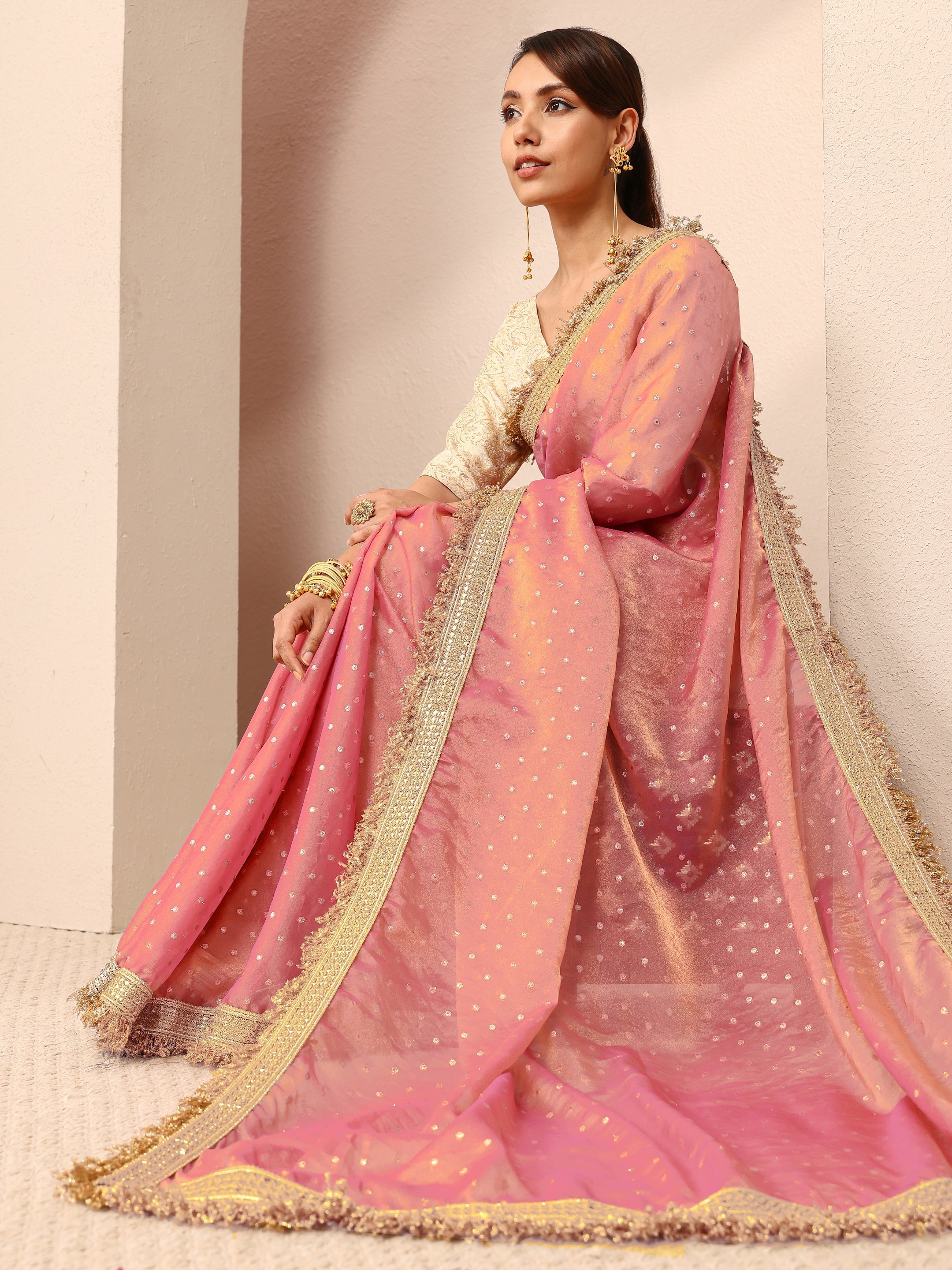libas Pink Woven Design Tissue SareeWith Unstitched Blouse Piece-picture-37