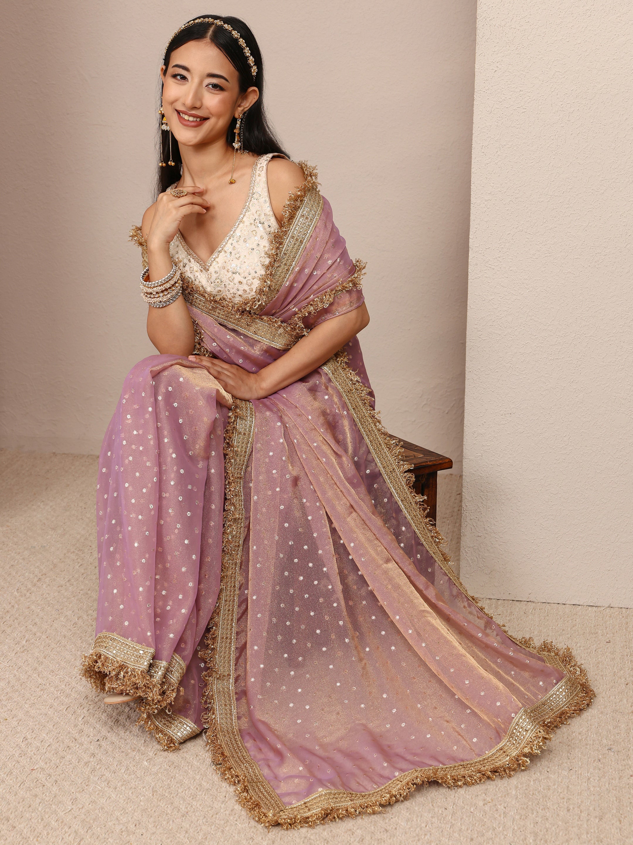 Lavender Woven Design Tissue Saree With Unstitched Blouse Piece-image-30