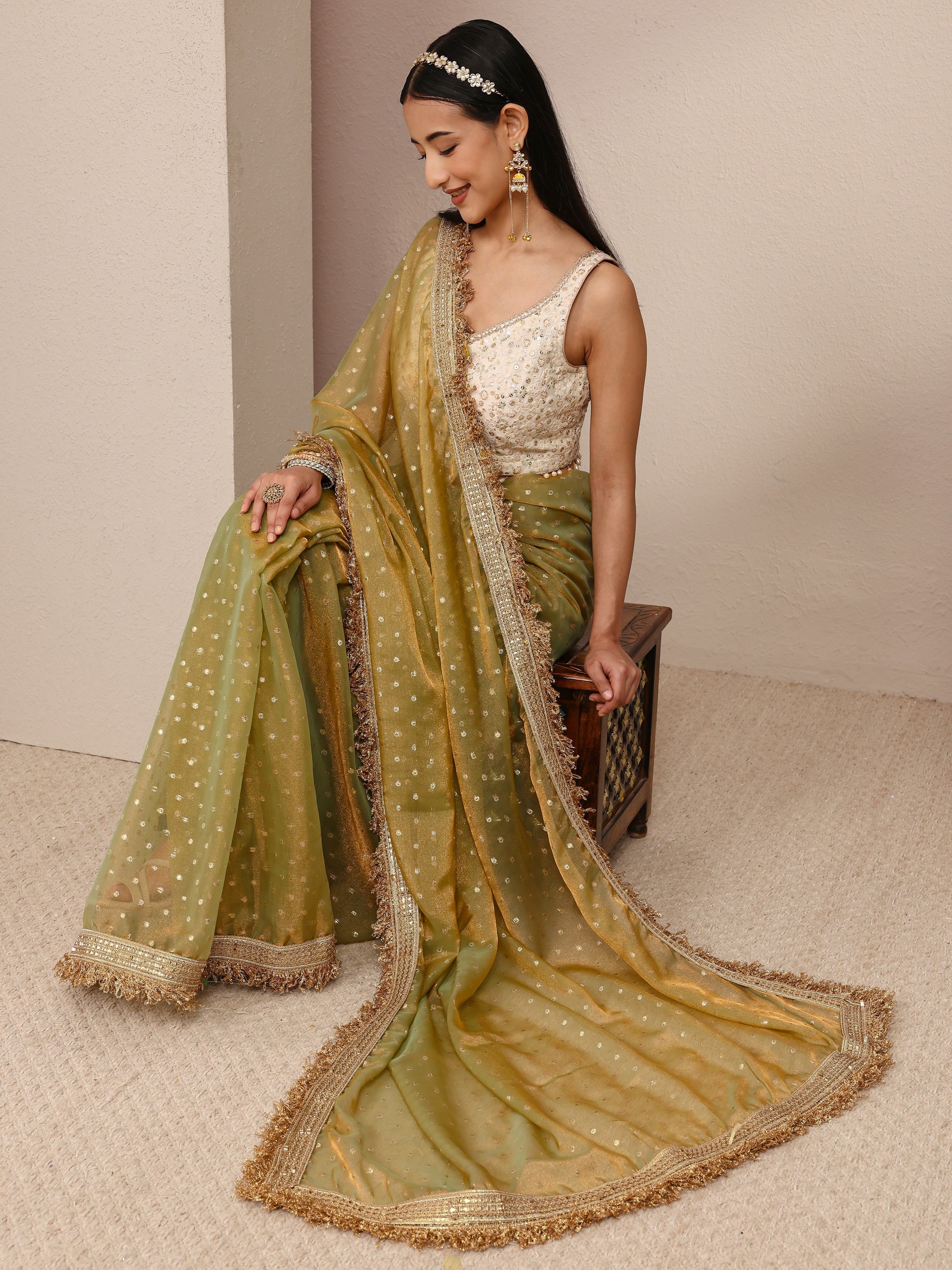 libas Green Woven Design Tissue SareeWith Unstitched Blouse Piece-picture-14