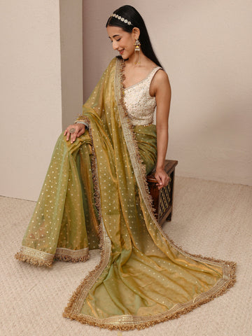 Green Woven Design Tissue Saree
With Unstitched Blouse Piece