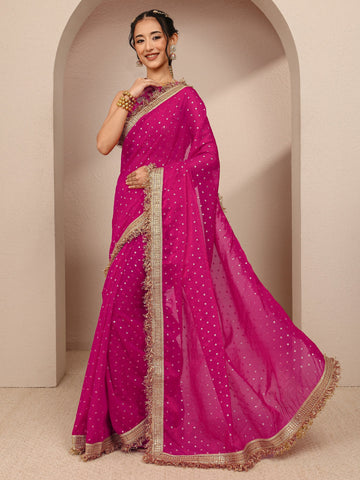 Pink Woven Design Tissue Saree With Unstitched Blouse Piece