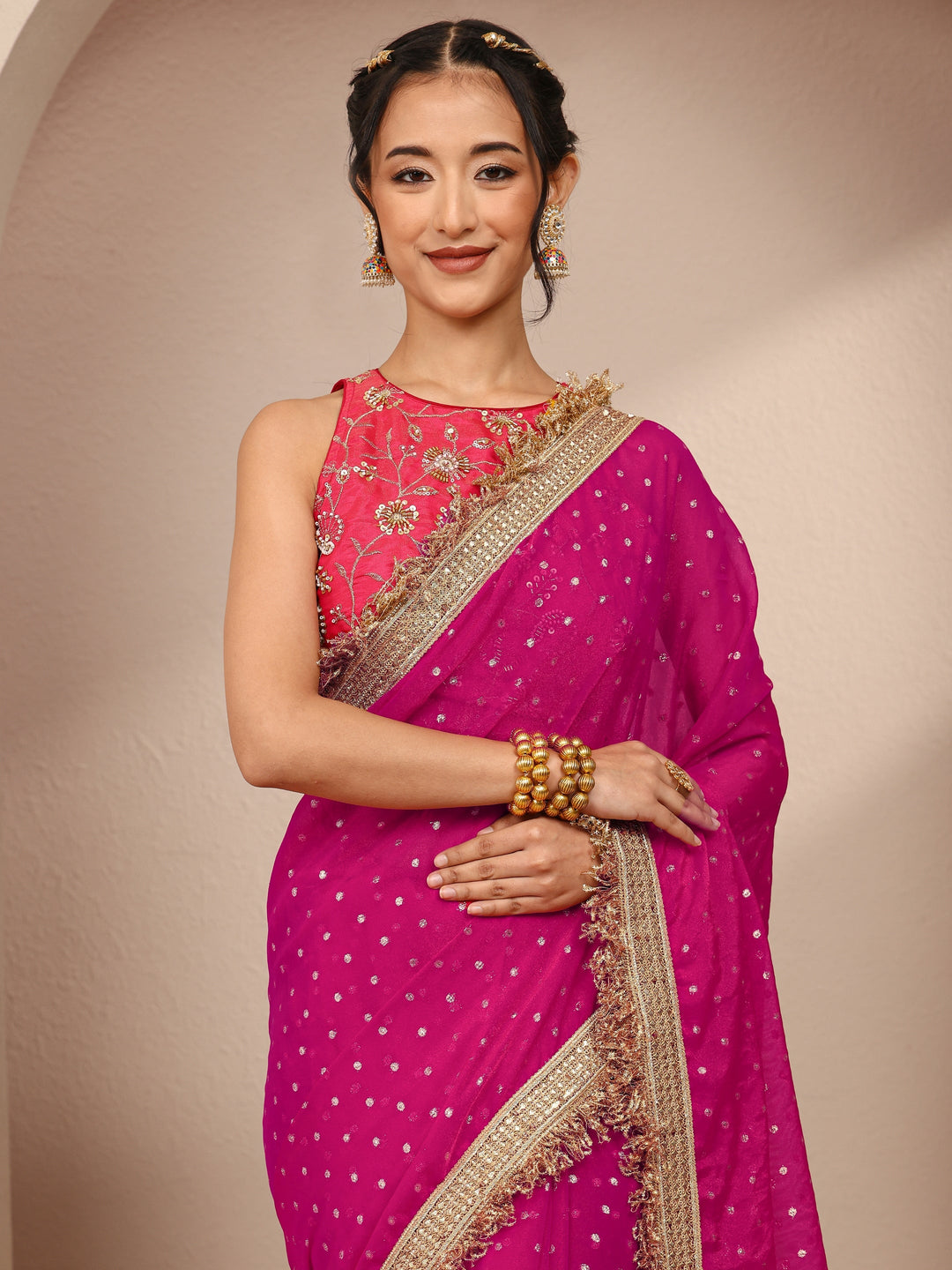  Pink Woven Design Tissue Saree With Unstitched Blouse Piece 