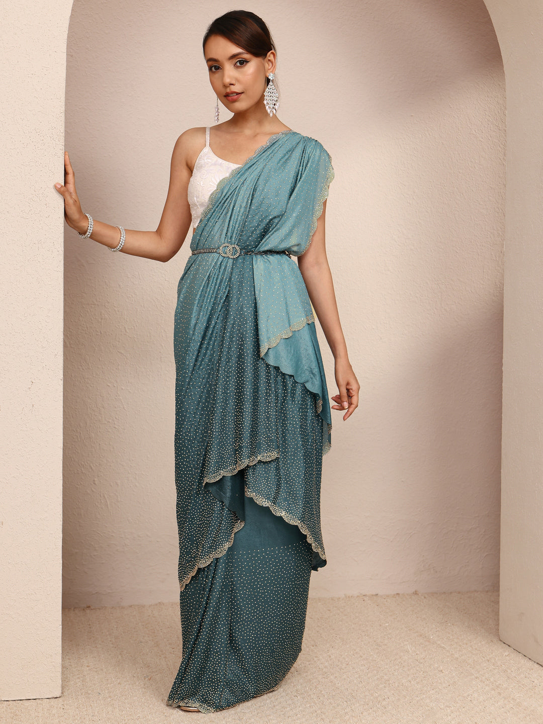  Blue Embellished Satin Ombre Saree
With Unstitched Blouse Piece 