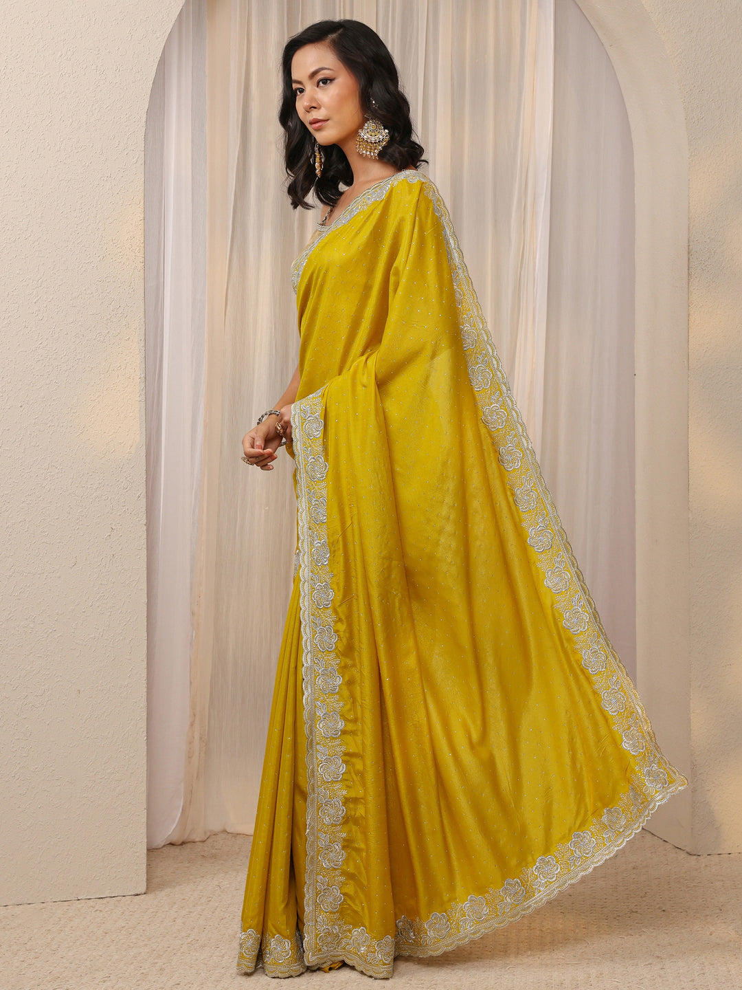  Mustard Embellished Satin Saree With Unstitched Blouse Piece 