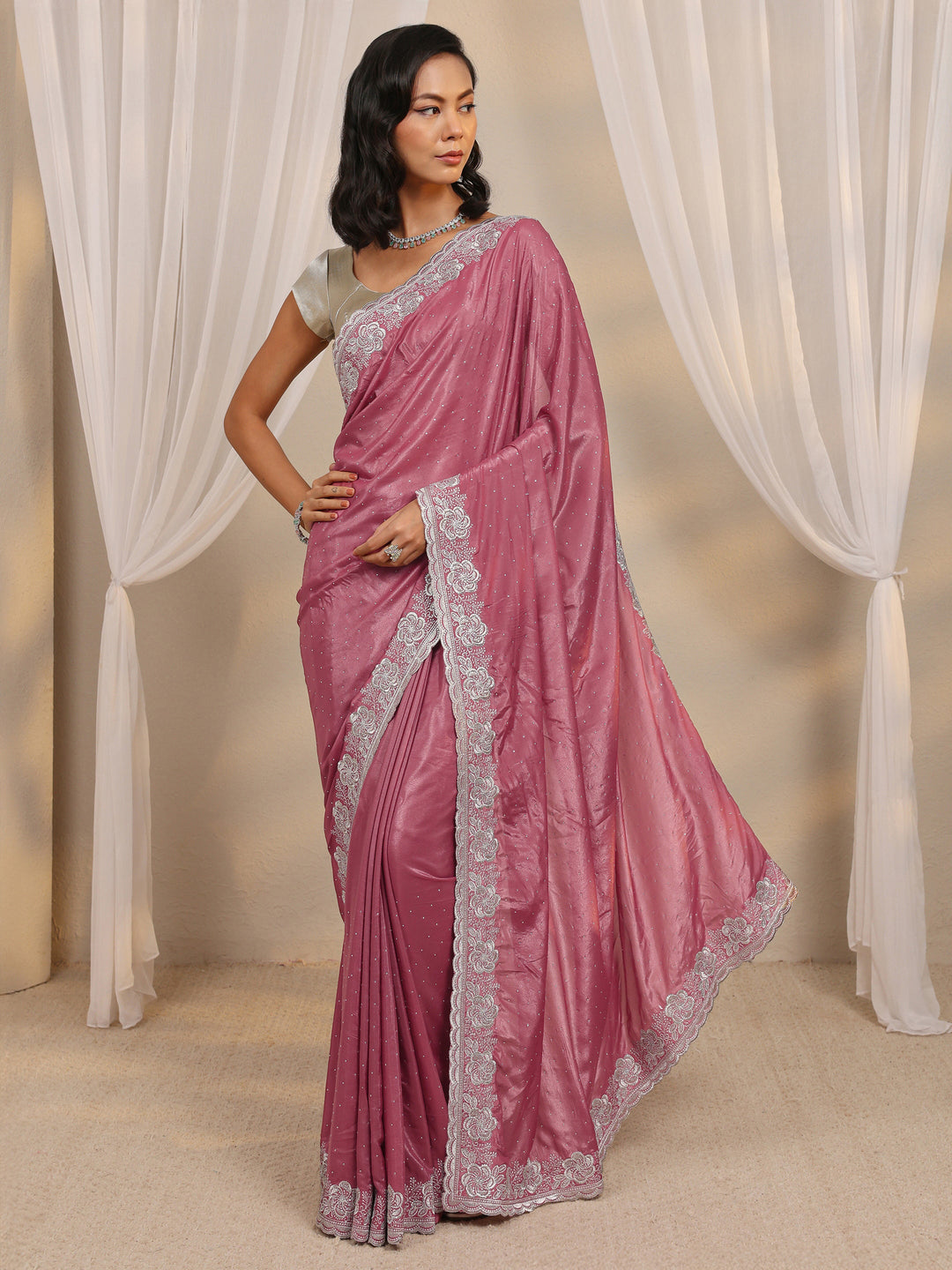  Mauve Embellished Satin Saree With Unstitched Blouse Piece 