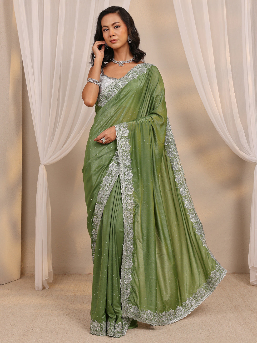 Green Embellished Satin Saree With Unstitched Blouse Piece 