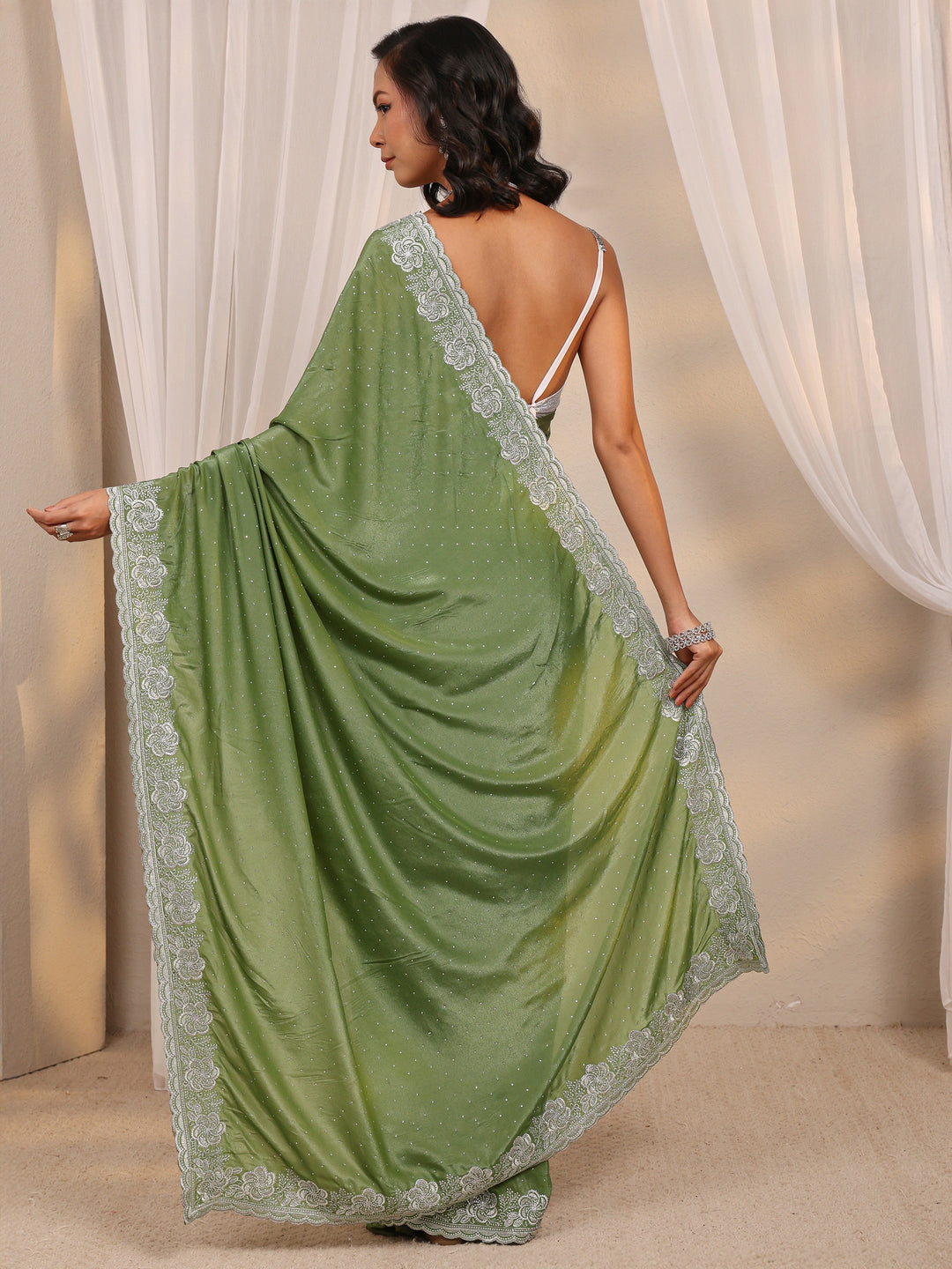  Green Embellished Satin Saree With Unstitched Blouse Piece 