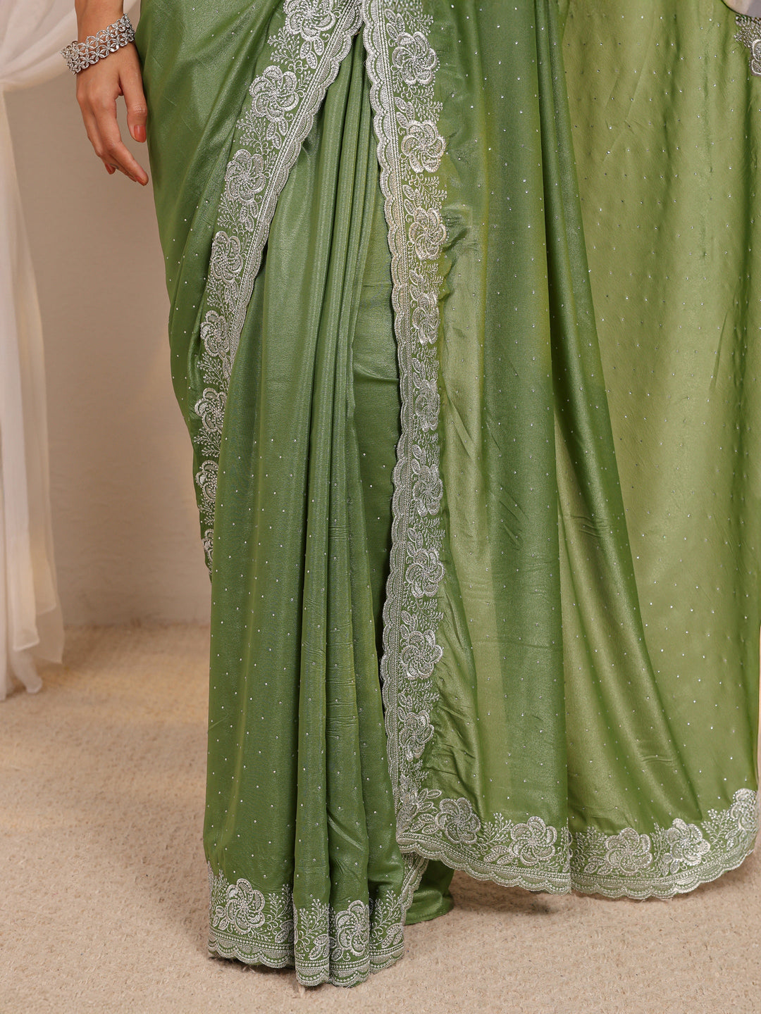  Green Embellished Satin Saree With Unstitched Blouse Piece 