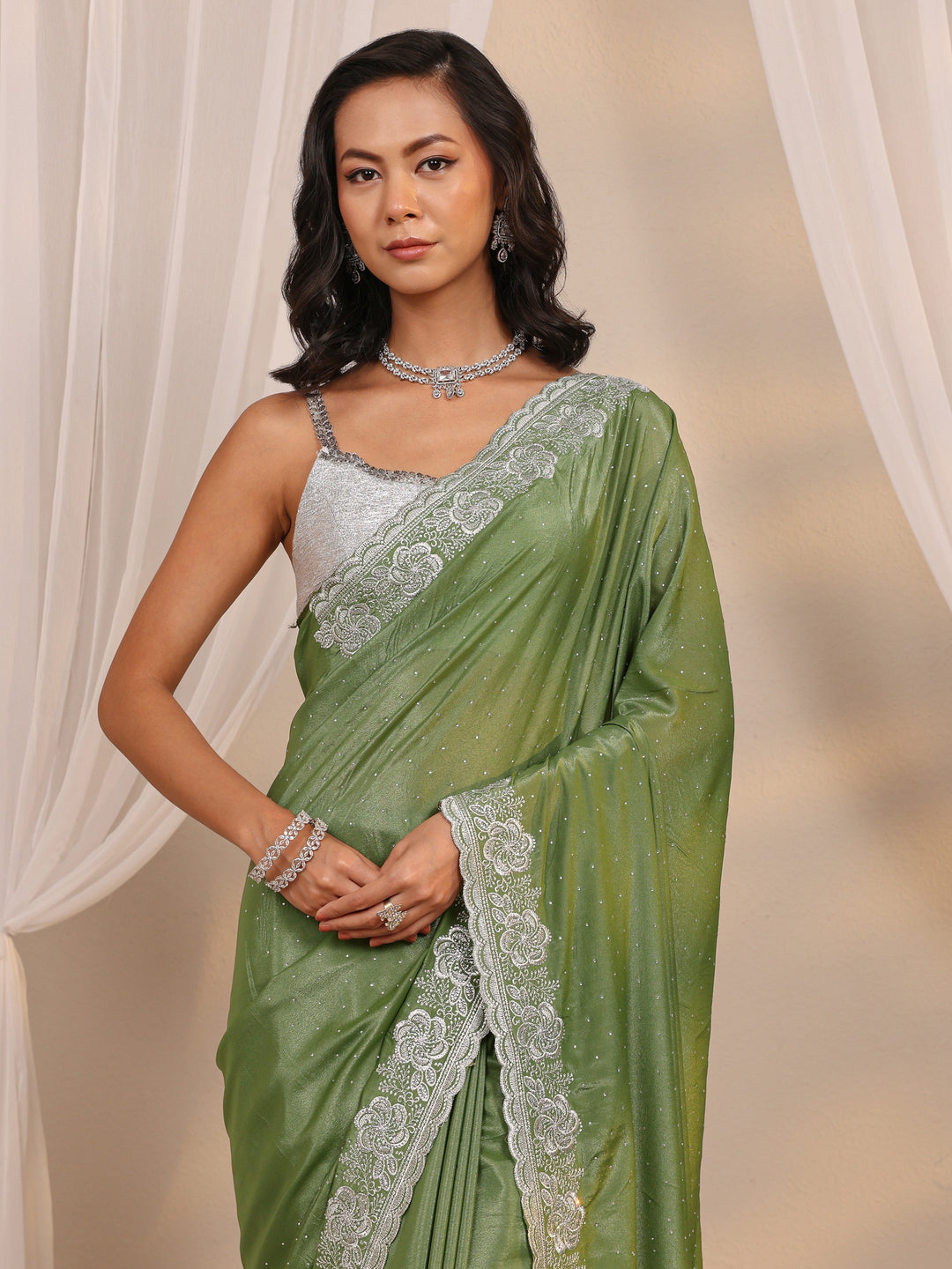  Green Embellished Satin Saree With Unstitched Blouse Piece 