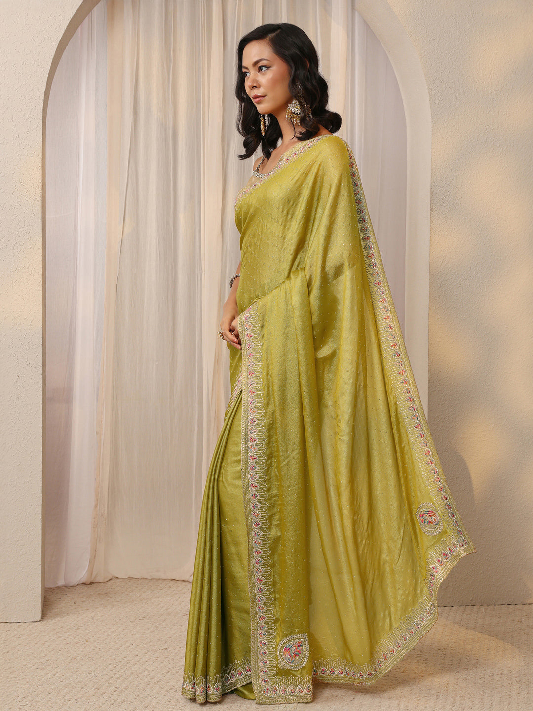  Mustard Embellished Satin Saree With Unstitched Blouse Piece 