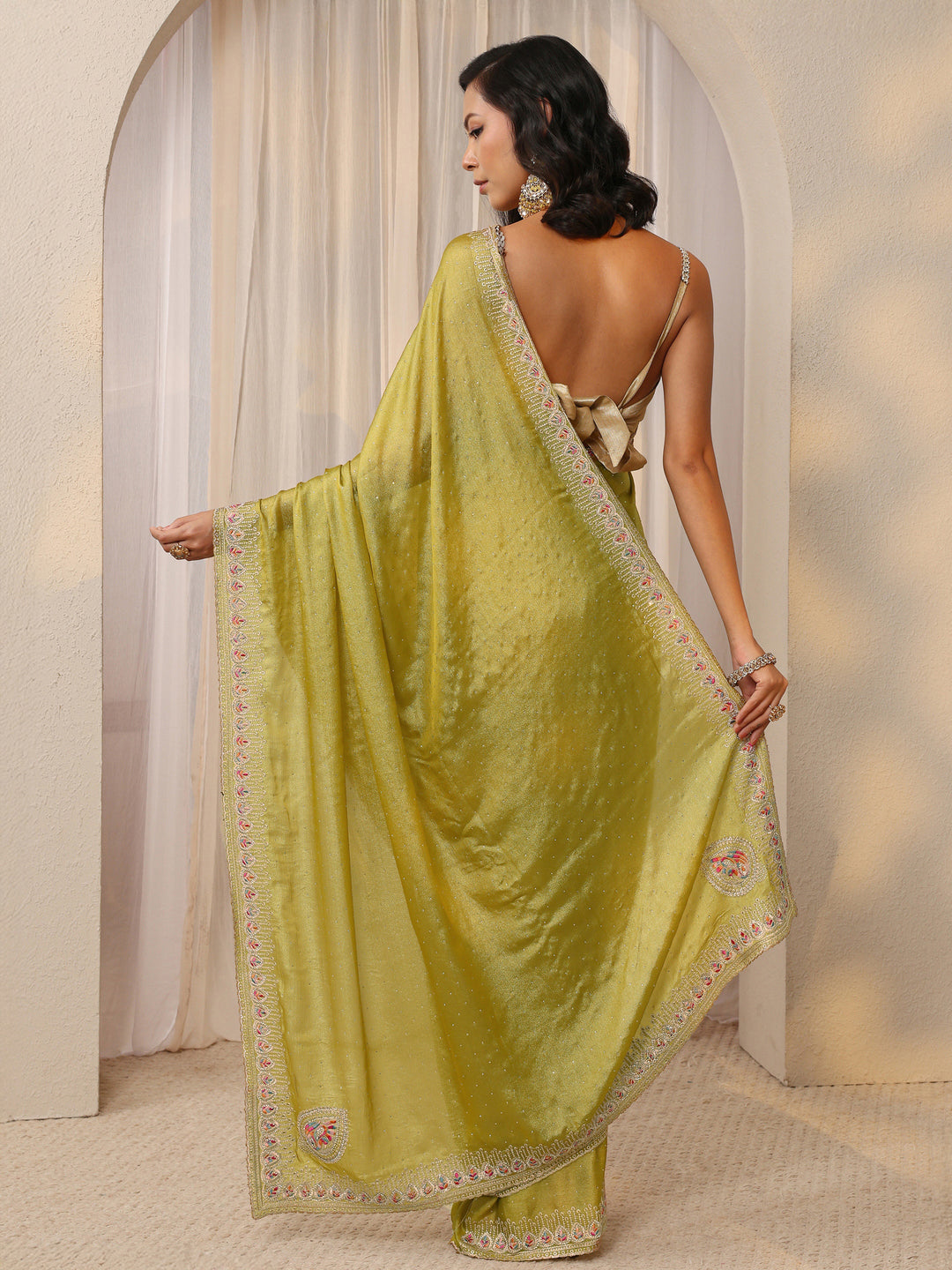  Mustard Embellished Satin Saree With Unstitched Blouse Piece 