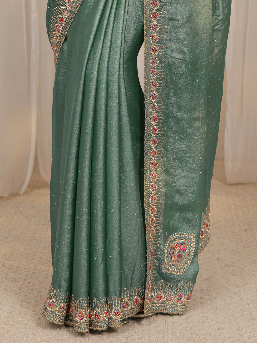  Blue Embellished Satin Saree With Unstitched Blouse Piece 