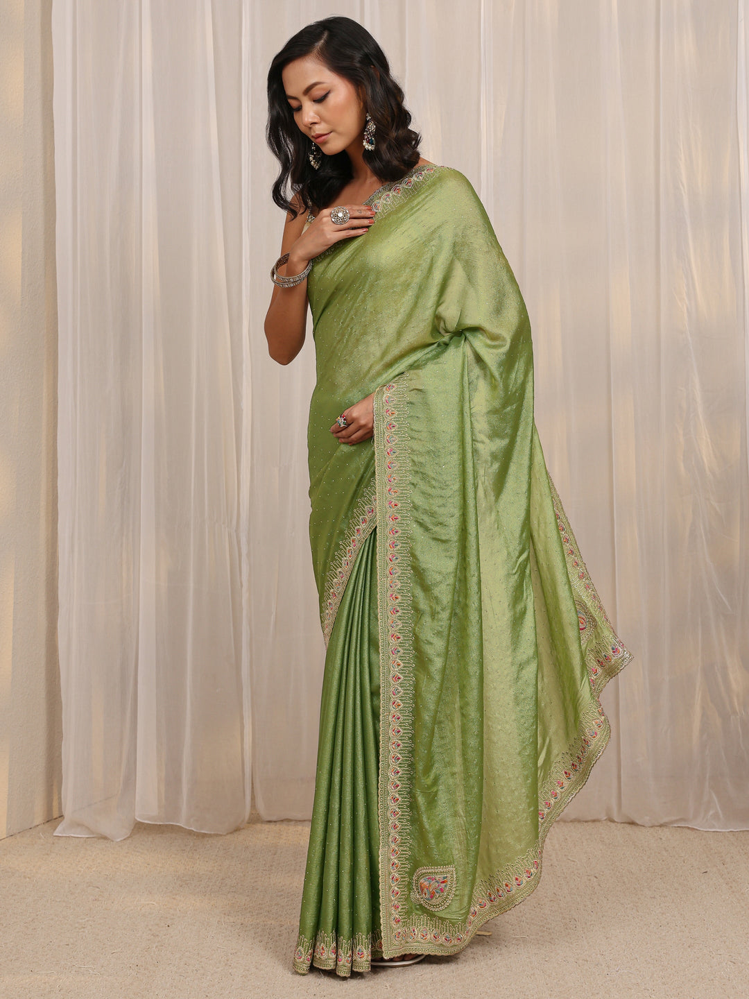  Green Embellished Satin Saree With Unstitched Blouse Piece 
