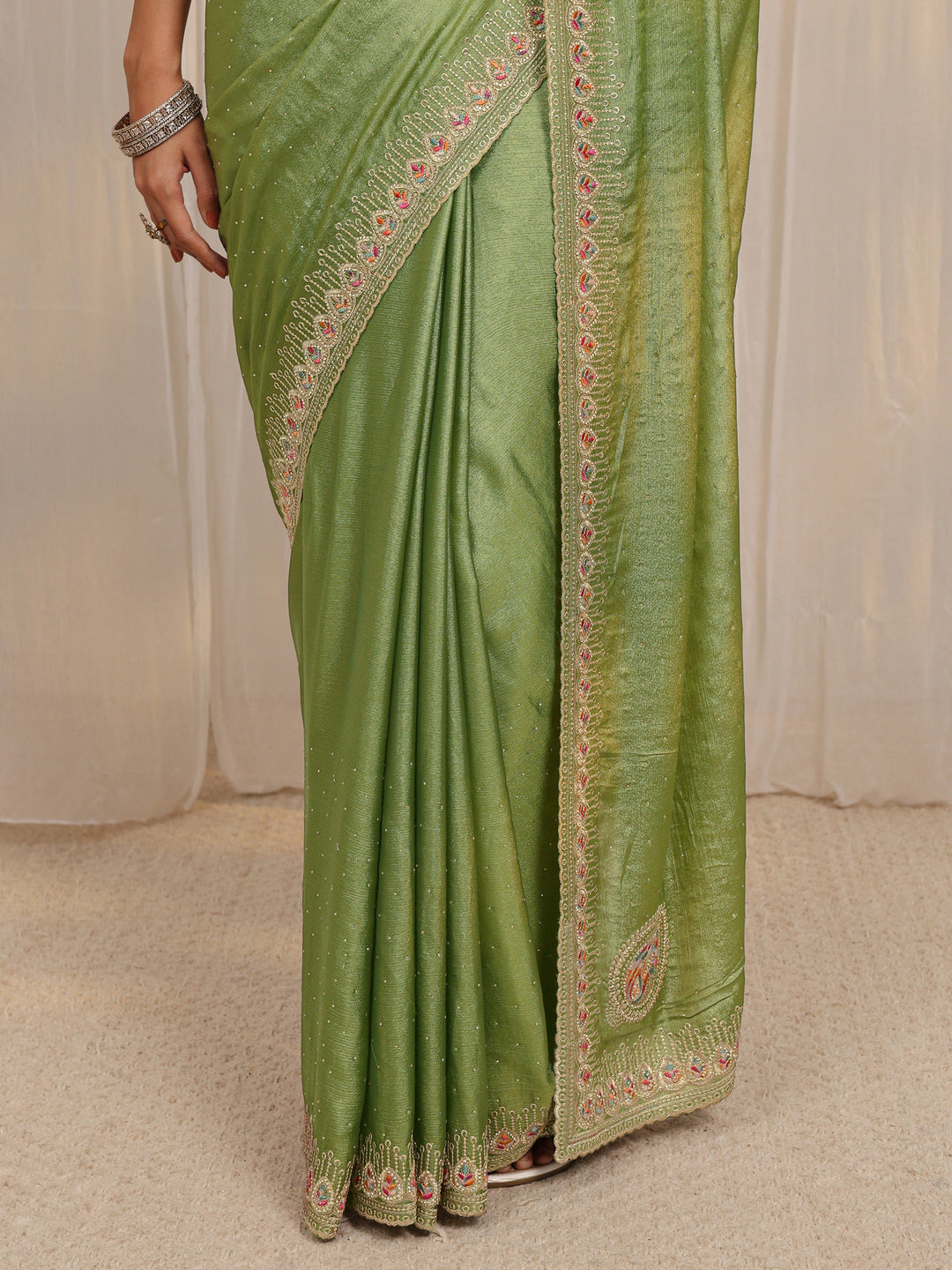  Green Embellished Satin Saree With Unstitched Blouse Piece 