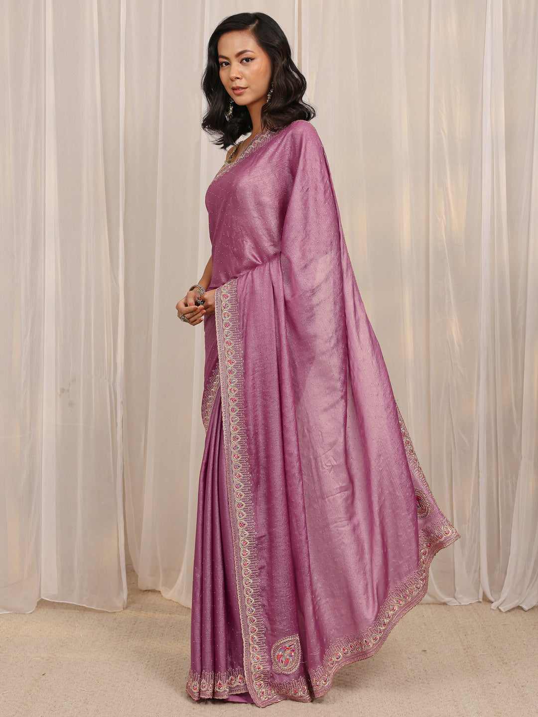  Purple Embellished Satin Saree With Unstitched Blouse Piece 