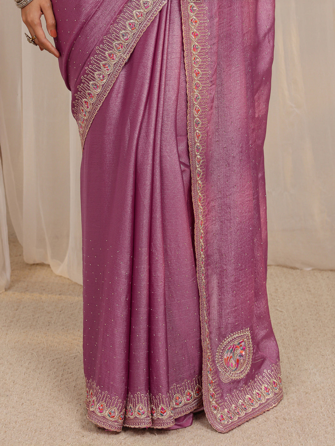  Purple Embellished Satin Saree With Unstitched Blouse Piece 