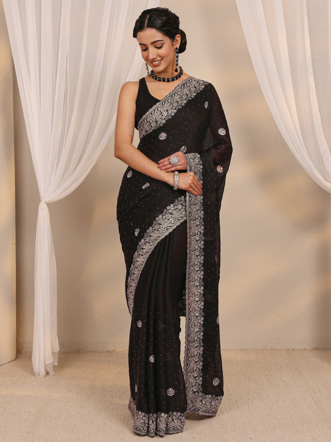  Black Floral Embellished Silk Blend Saree With Unstitched Blouse Piece 