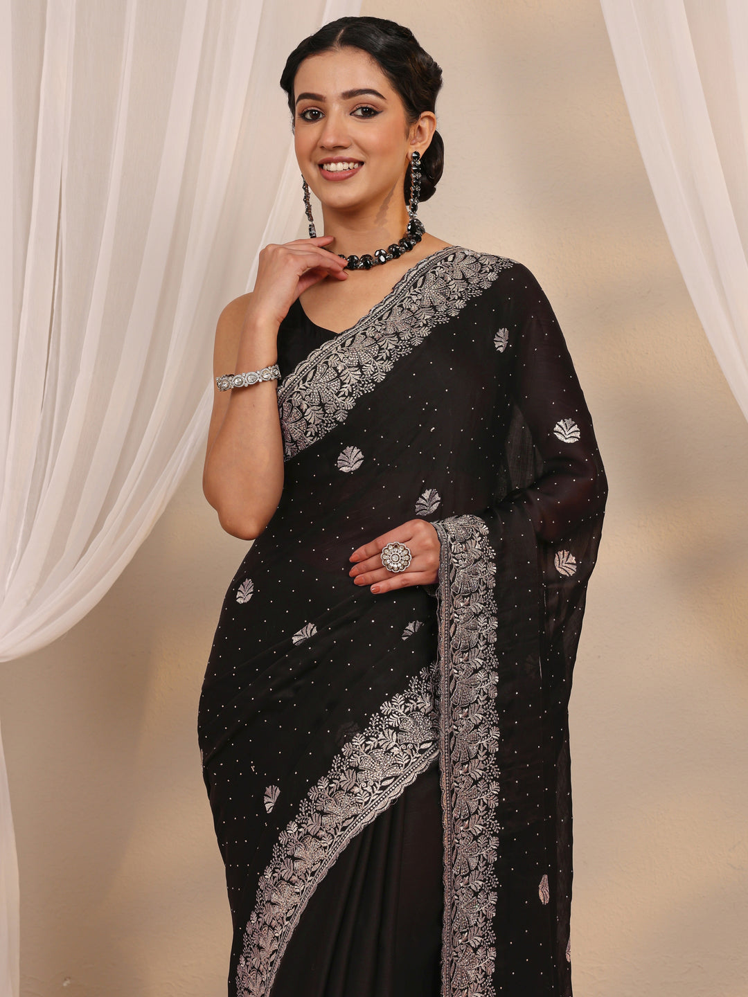  Black Floral Embellished Silk Blend Saree With Unstitched Blouse Piece 