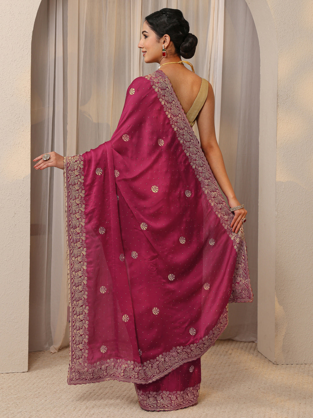 Pink Floral Embellished Silk Blend Saree With Unstitched Blouse Piece 