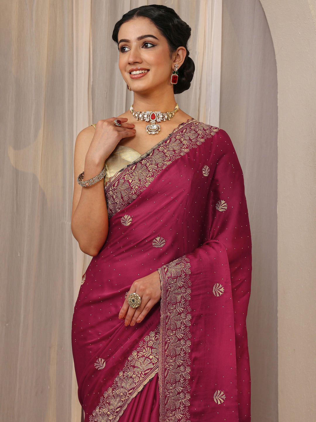  Pink Floral Embellished Silk Blend Saree With Unstitched Blouse Piece 