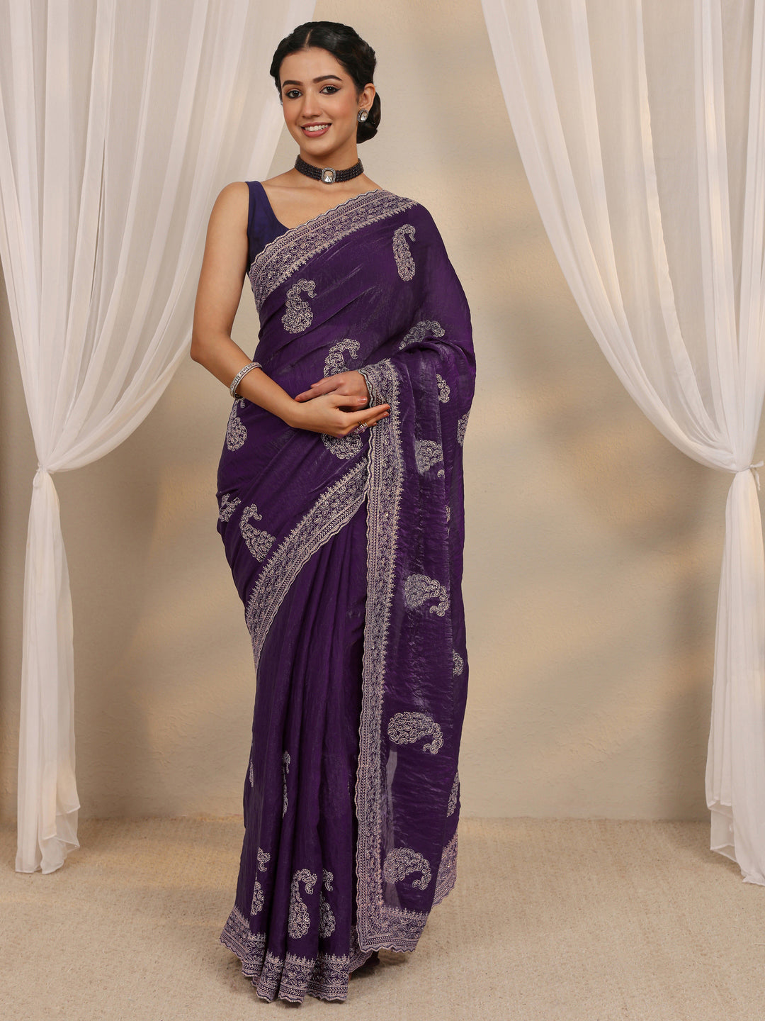  Purple Paisley Embellished Tissue Saree With Unstitched Blouse Piece 
