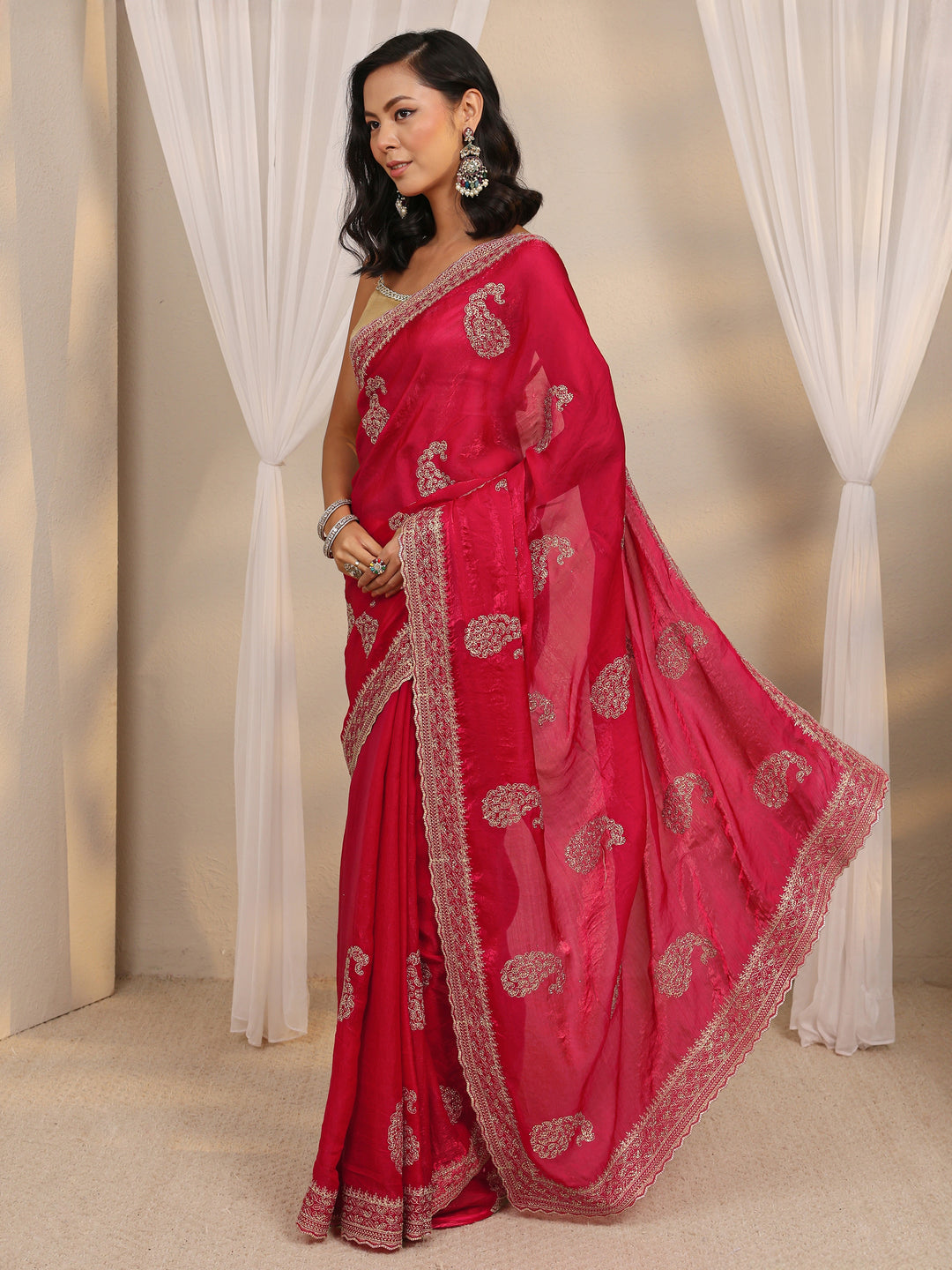  Red Paisley Embellished Tissue Saree With Unstitched Blouse Piece 