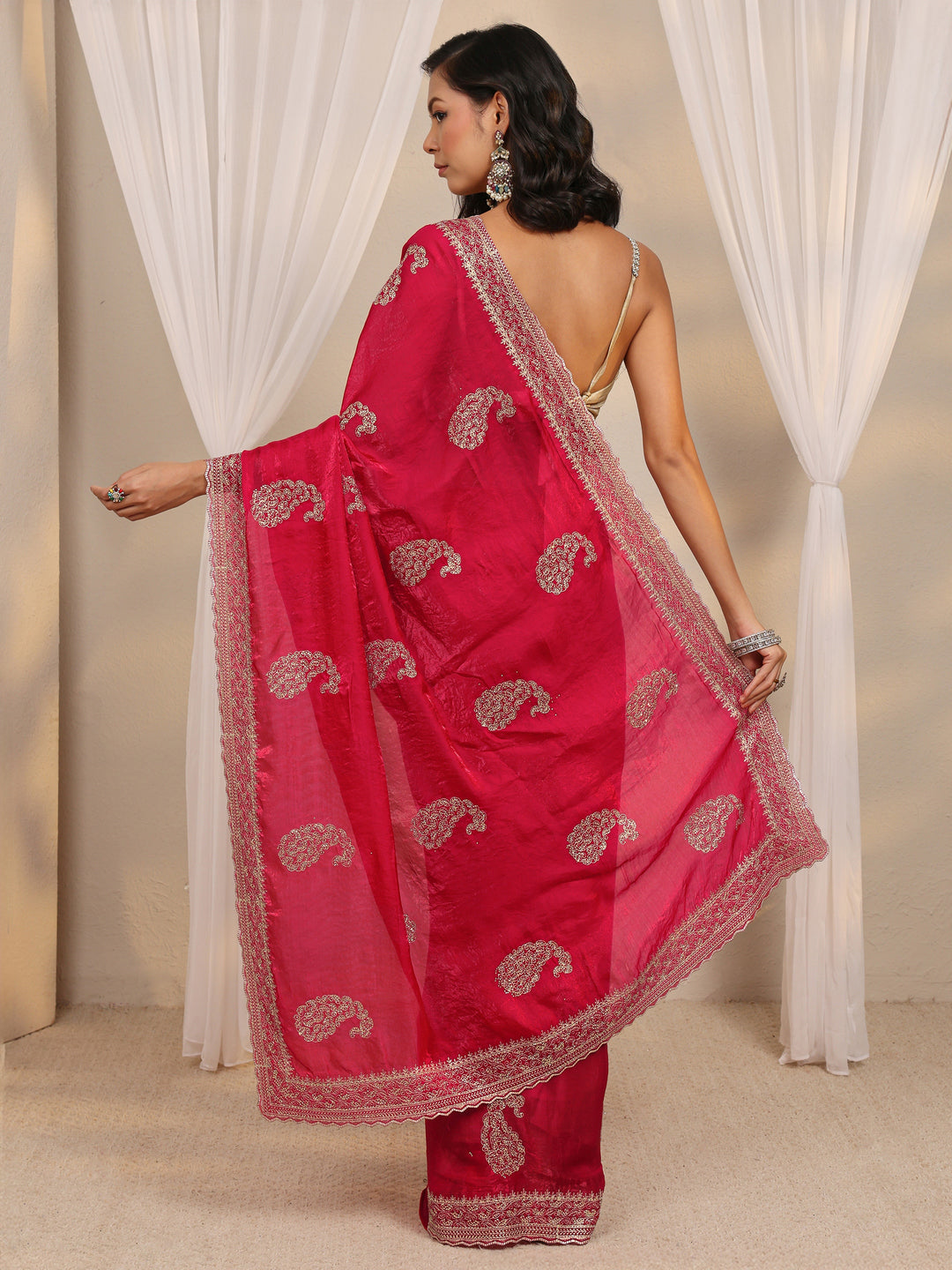  Red Paisley Embellished Tissue Saree With Unstitched Blouse Piece 