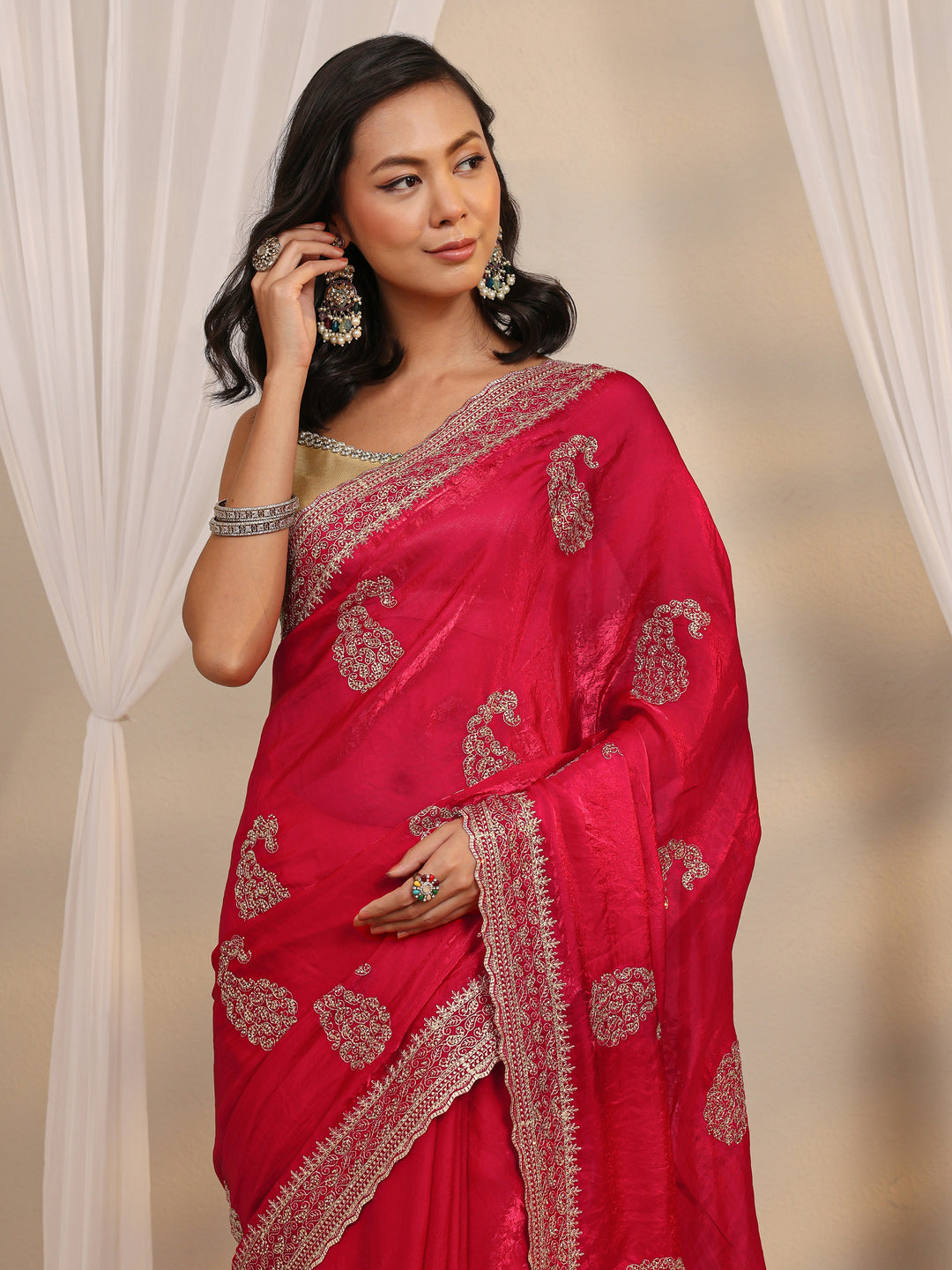  Red Paisley Embellished Tissue Saree With Unstitched Blouse Piece 