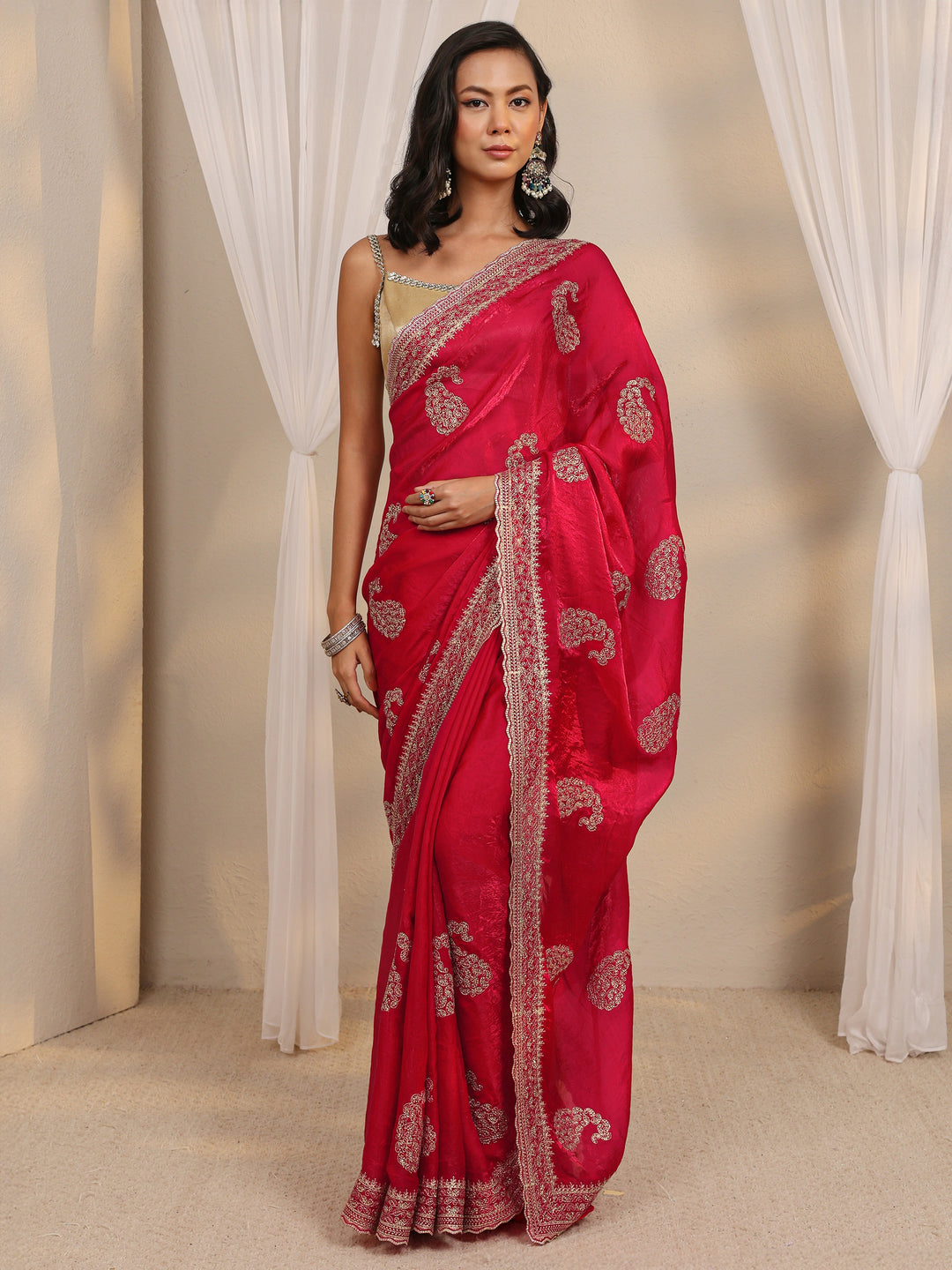  Red Paisley Embellished Tissue Saree With Unstitched Blouse Piece 