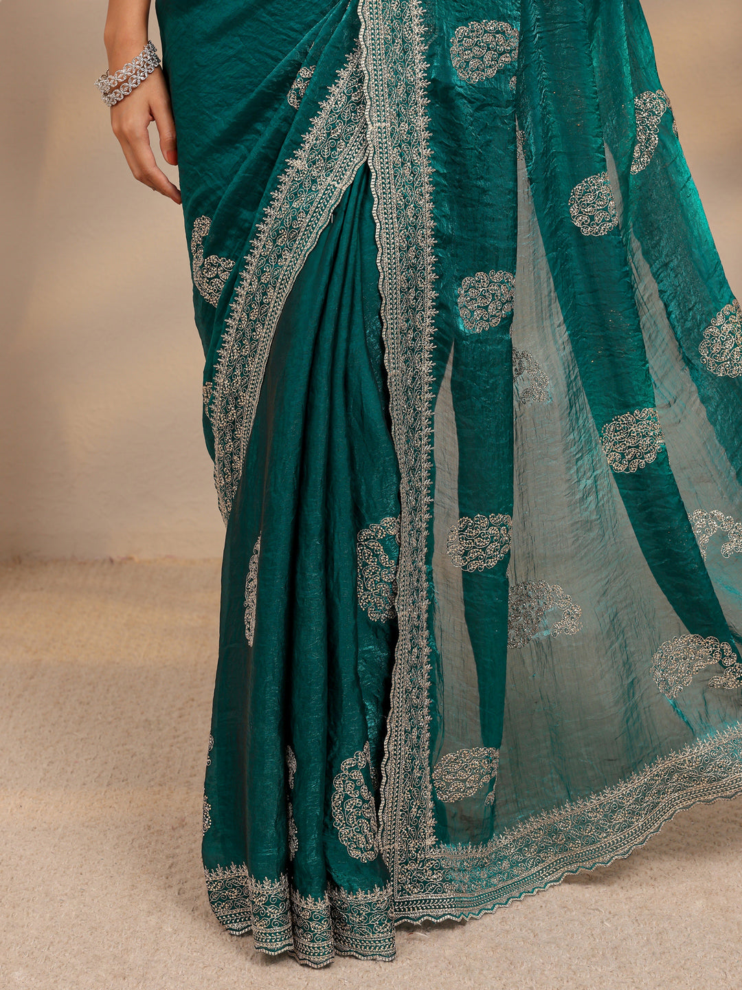  Green Paisley Embellished Tissue Saree With Unstitched Blouse Piece 
