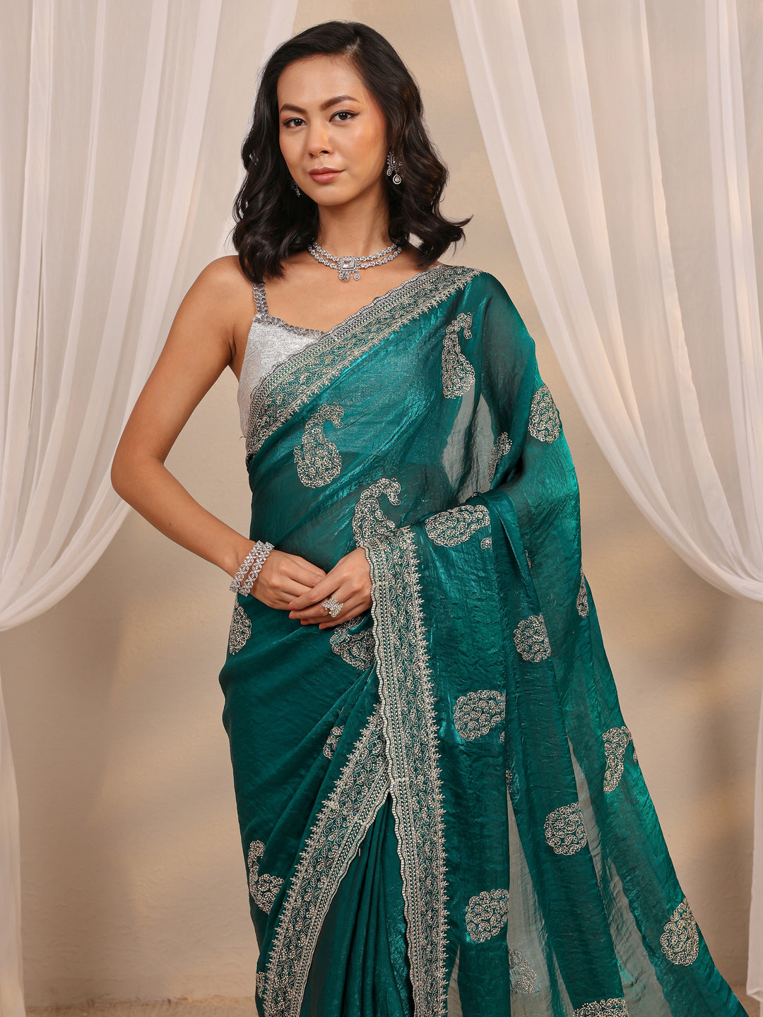  Green Paisley Embellished Tissue Saree With Unstitched Blouse Piece 