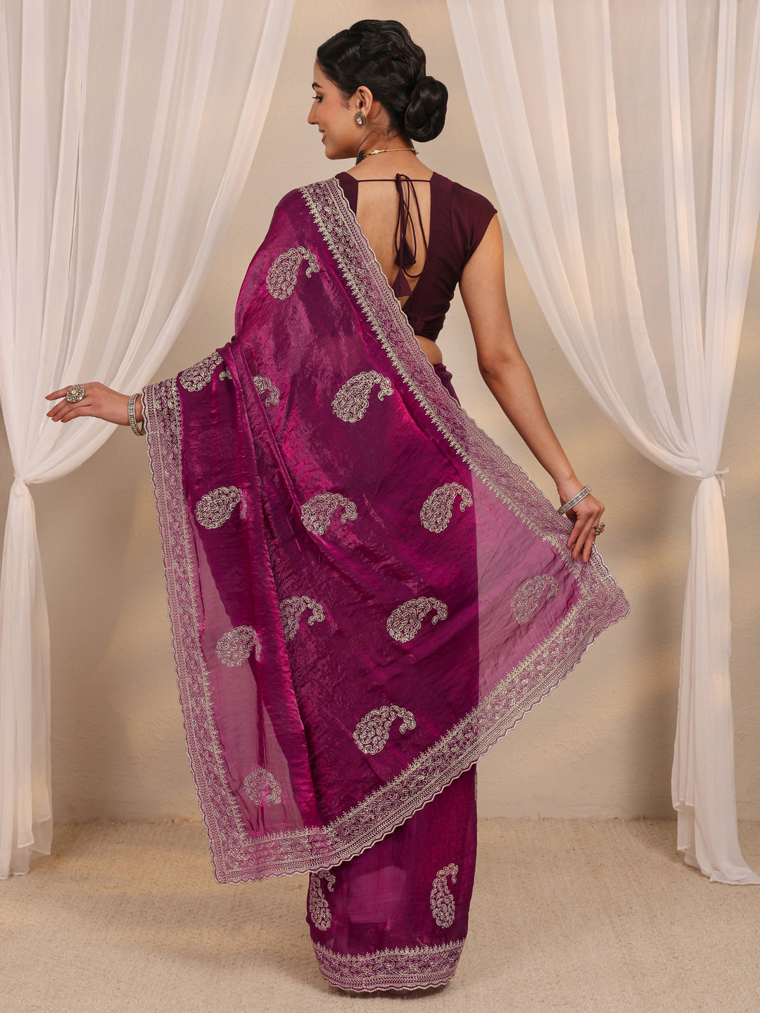  Wine Paisley Embellished Tissue Saree With Unstitched Blouse Piece 