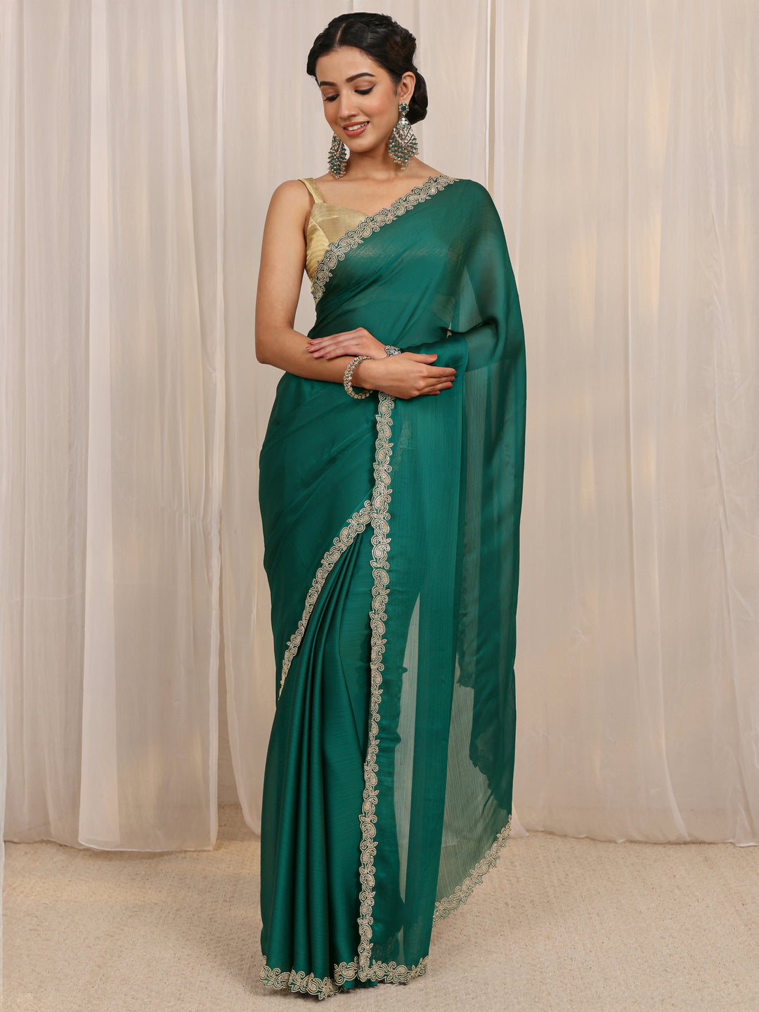  Green Embellished Satin Saree With Unstitched Blouse Piece 