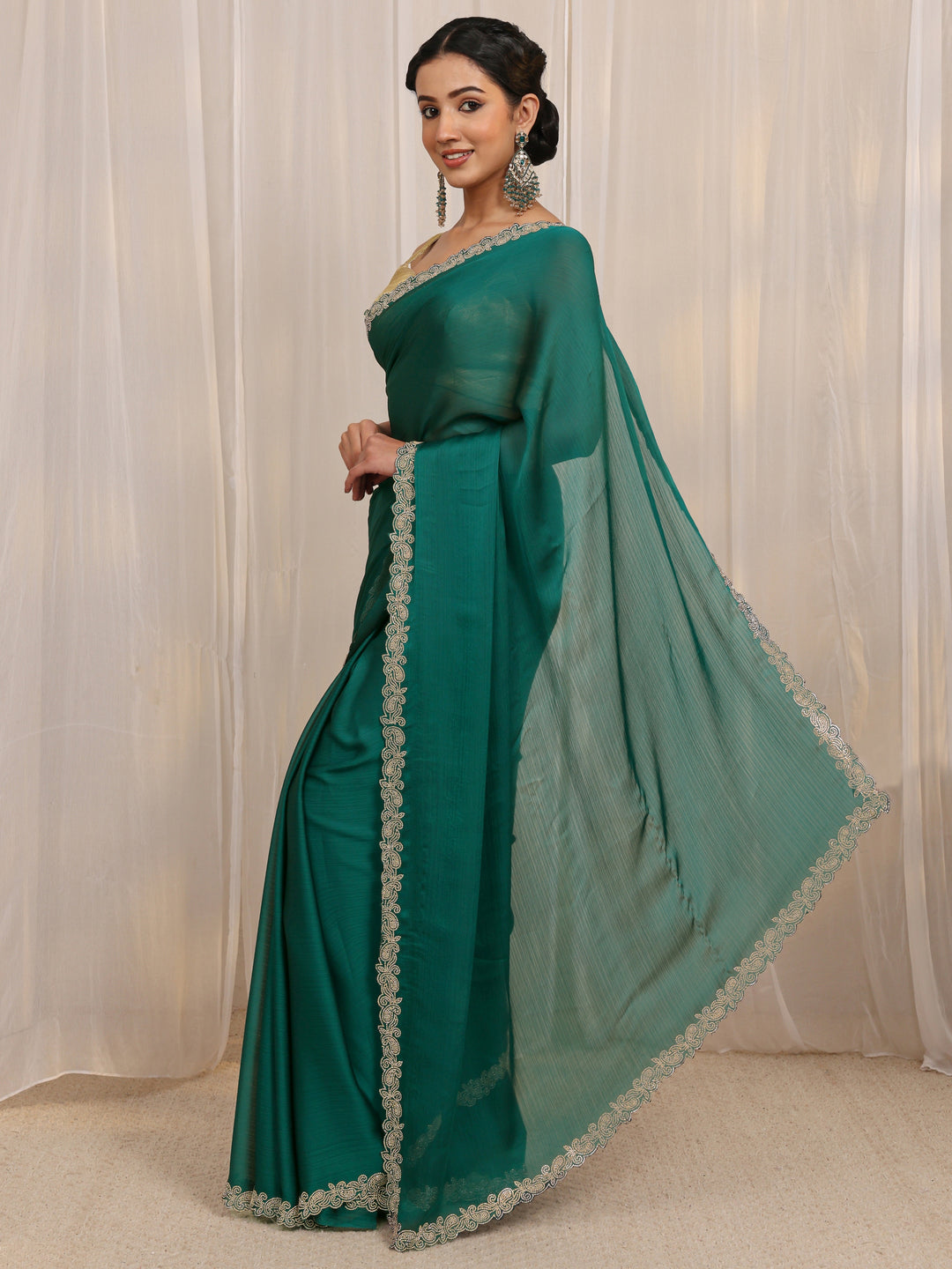  Green Embellished Satin Saree With Unstitched Blouse Piece 