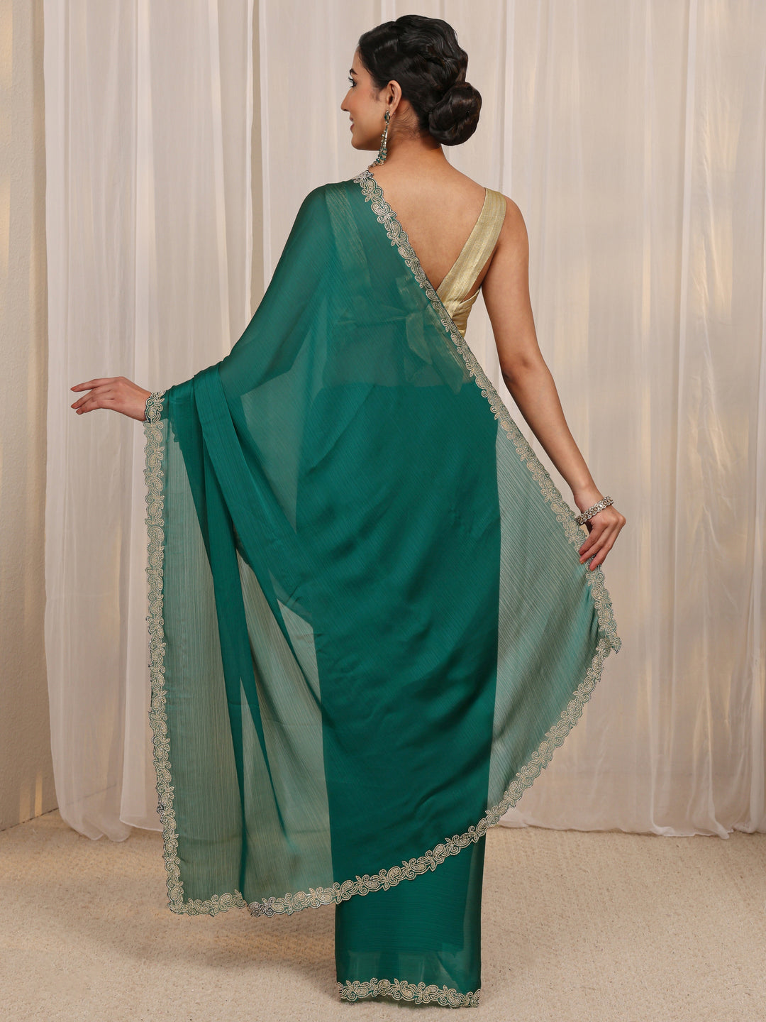  Green Embellished Satin Saree With Unstitched Blouse Piece 