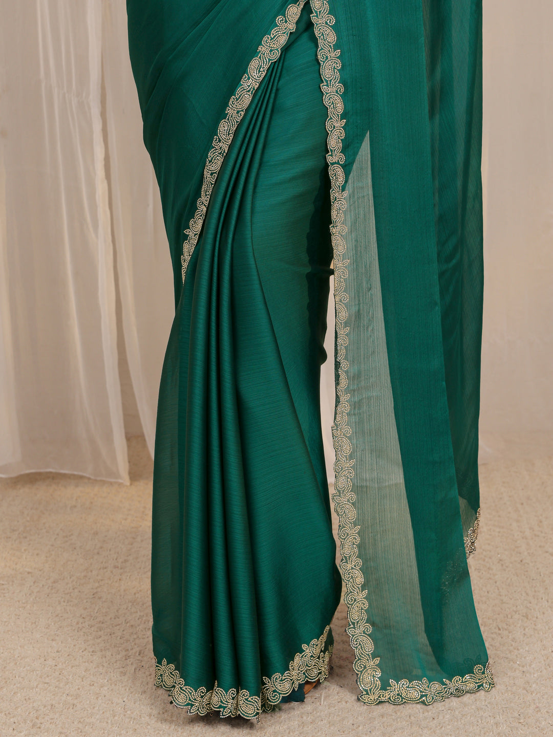  Green Embellished Satin Saree With Unstitched Blouse Piece 