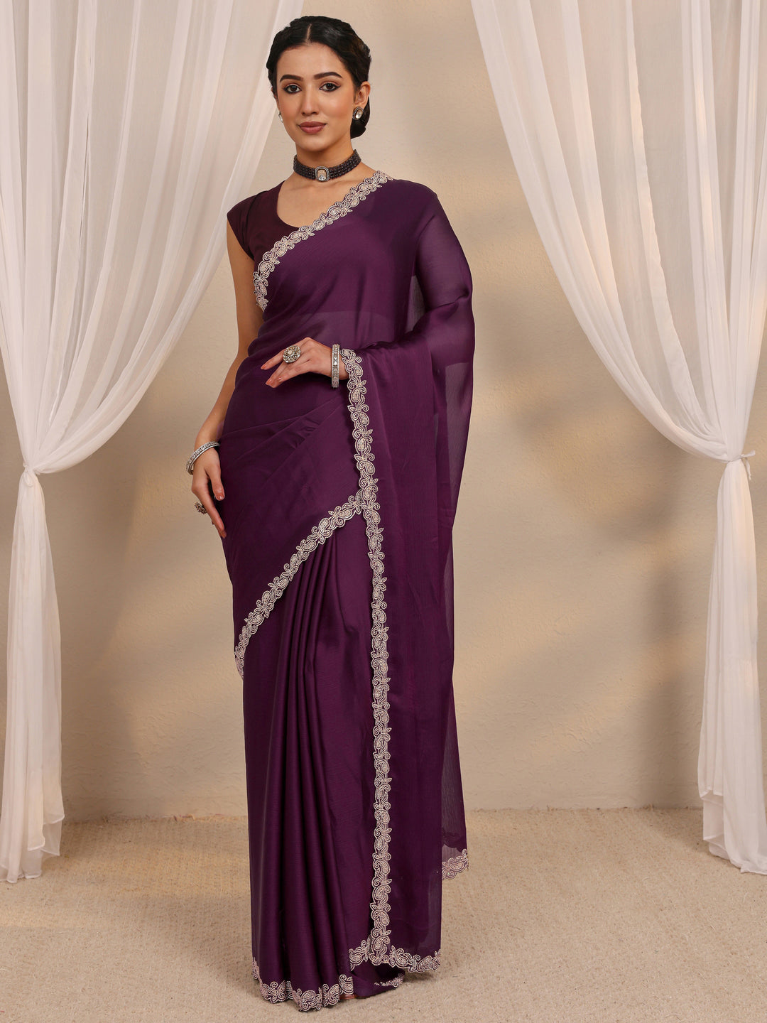 Wine Embellished Satin Saree With Unstitched Blouse Piece 