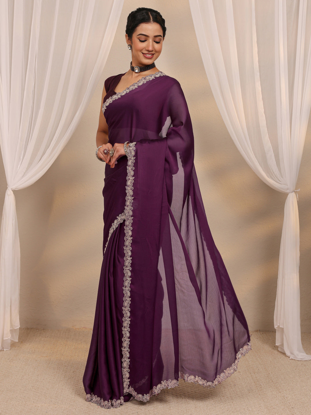  Wine Embellished Satin Saree With Unstitched Blouse Piece 