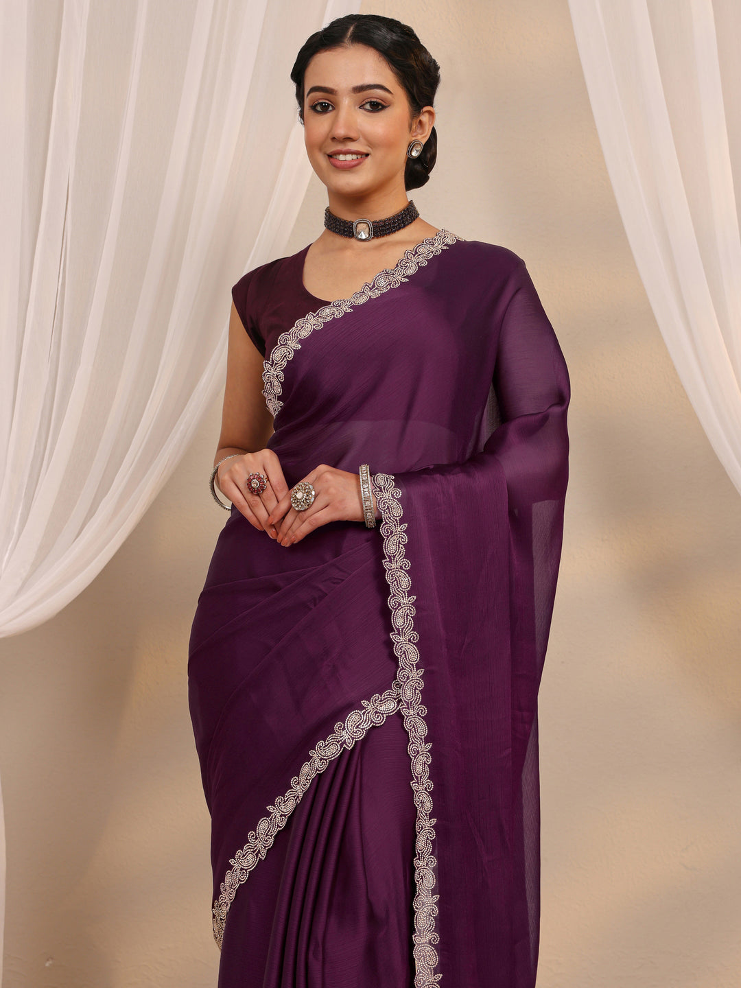  Wine Embellished Satin Saree With Unstitched Blouse Piece 