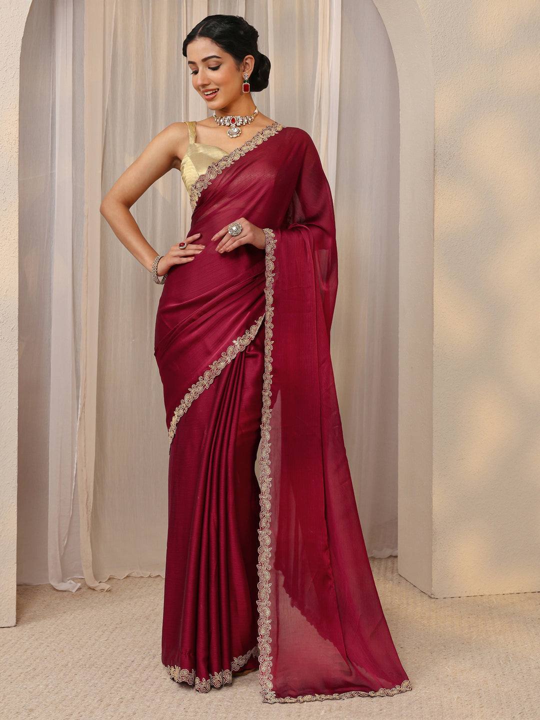  Maroon Embellished Satin Saree With Unstitched Blouse Piece 