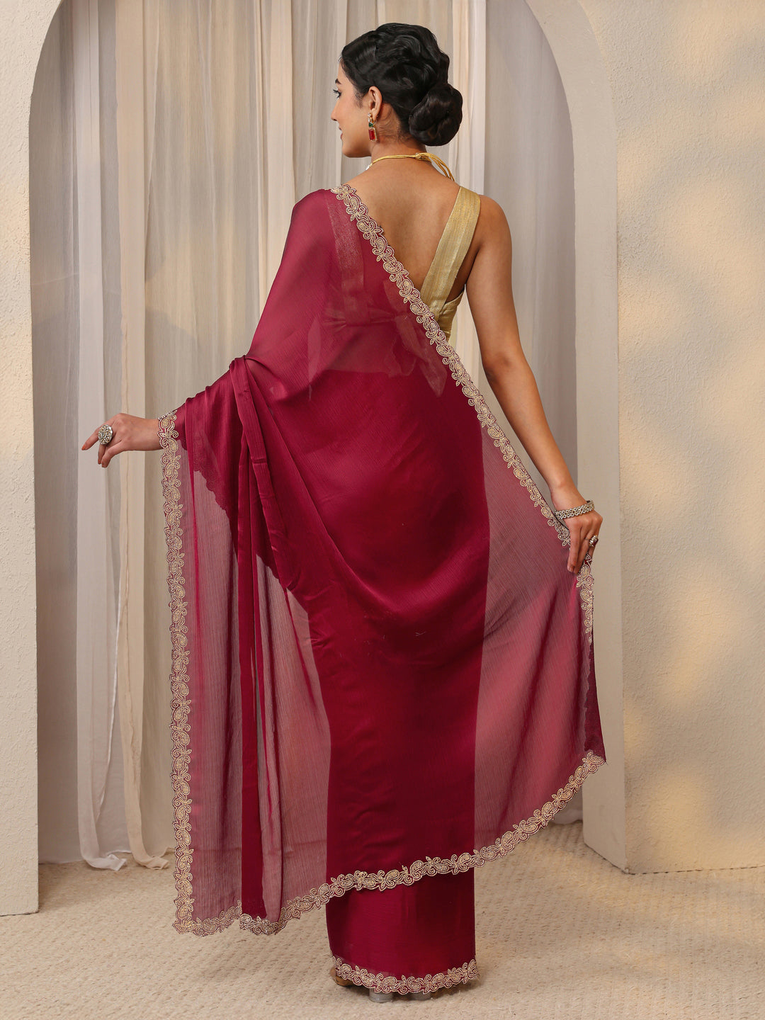  Maroon Embellished Satin Saree With Unstitched Blouse Piece 