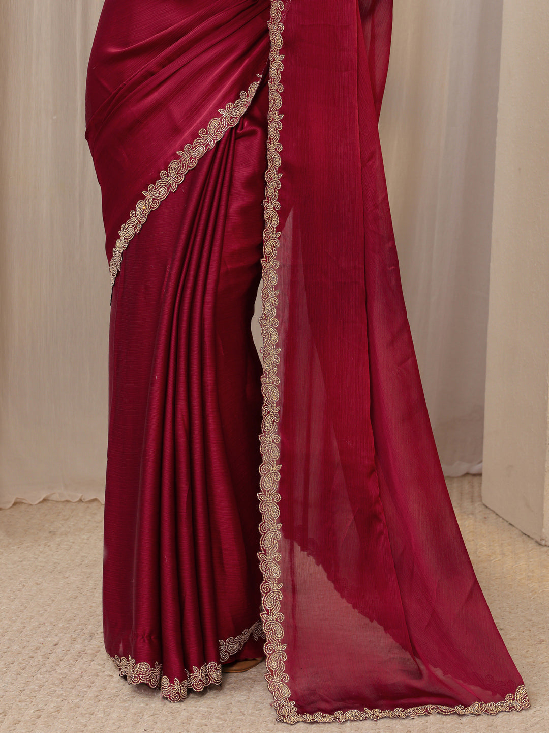  Maroon Embellished Satin Saree With Unstitched Blouse Piece 